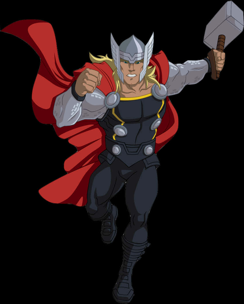復仇者聯盟 桌布 壁紙 — Thor 身穿全套盔甲，披著紅色斗篷，手持錘子，在黑色背景前向前飛翔。
