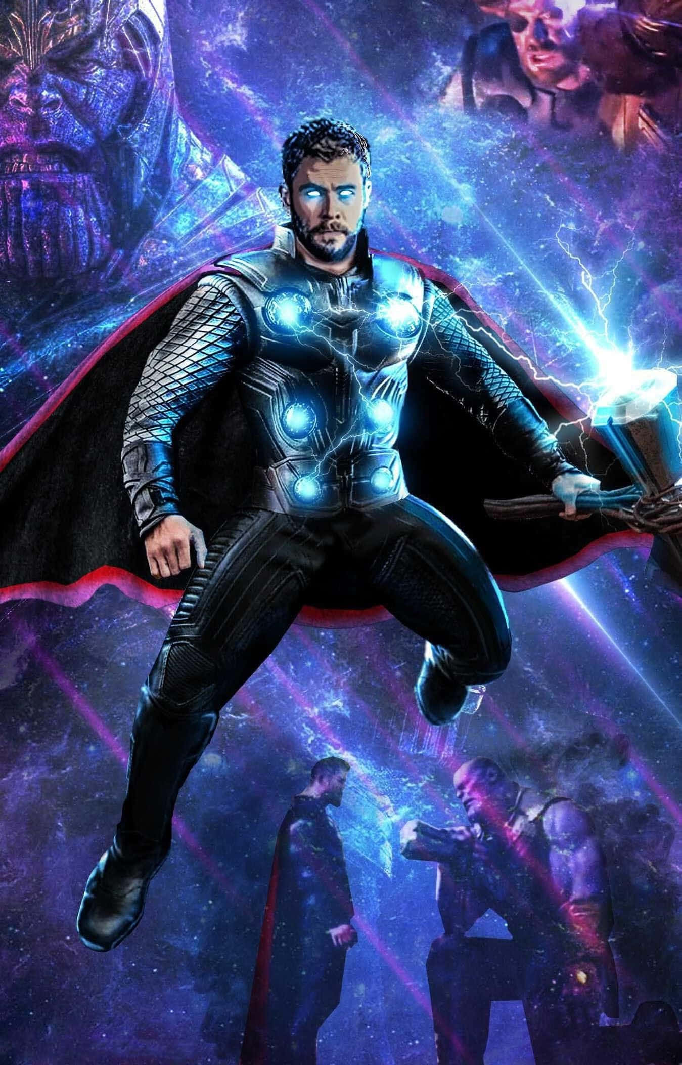 索爾 桌布 壁紙 — Thor 身穿發光盔甲，在閃電環繞的宇宙混亂中英勇漂浮。