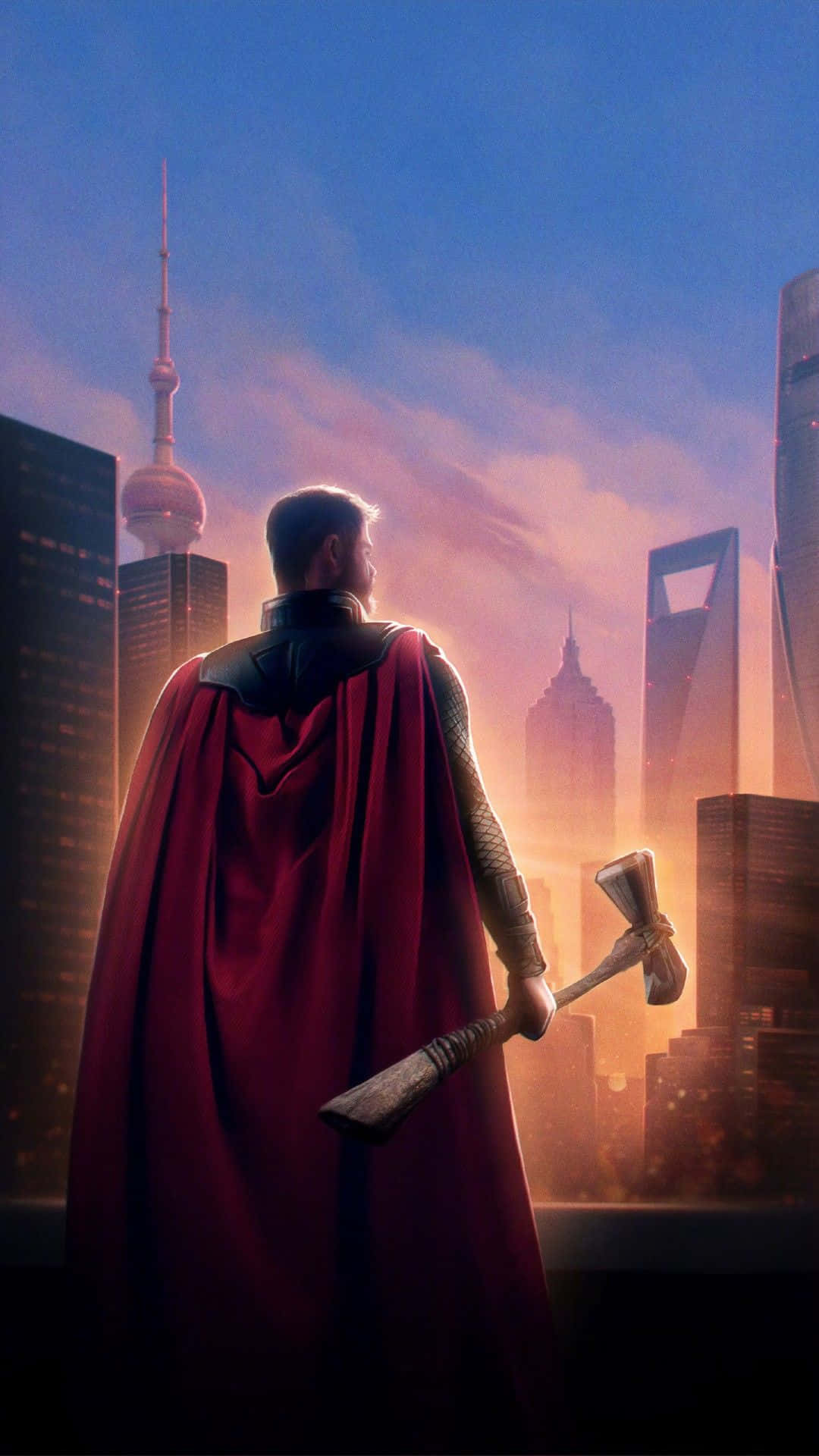 索爾 桌布 壁紙 — Thor 身穿紅色斗篷，手持鎚子，俯瞰日落時分的未來城市天際線。