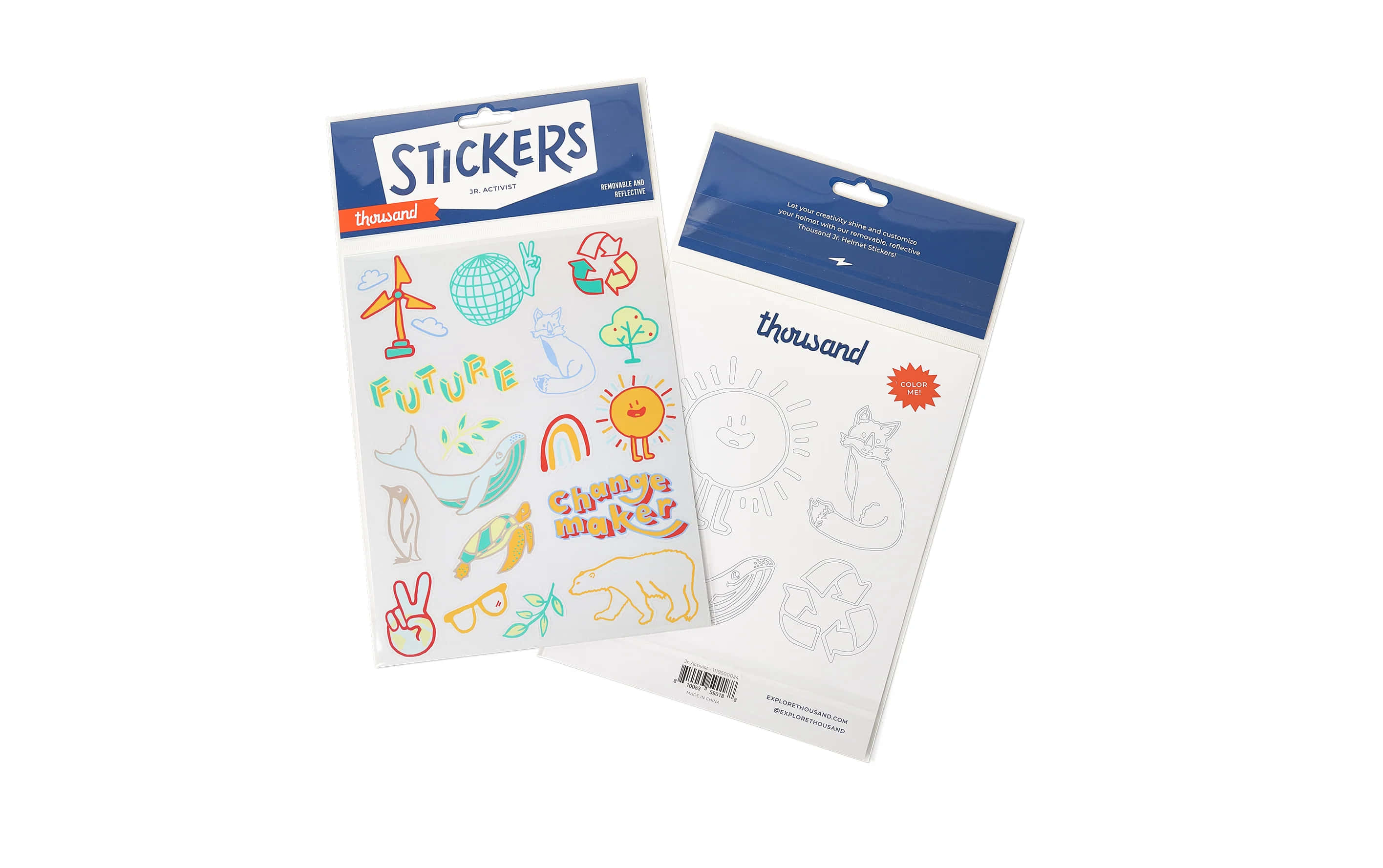 Sticker 桌布 壁紙 — thousand 品牌的兩款貼紙包，一款彩色，一款輪廓線條，以環保和正面主題設計，白色背景。