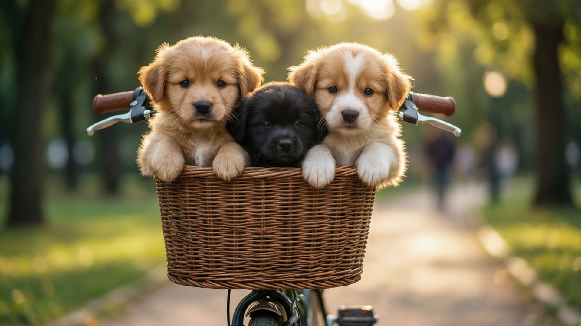 Puppy Basket Ride 壁紙 — 三隻可愛的小狗，兩隻金色和一隻黑色，在陽光普照的公園小徑上從柳條自行車籃邊緣探出頭來。