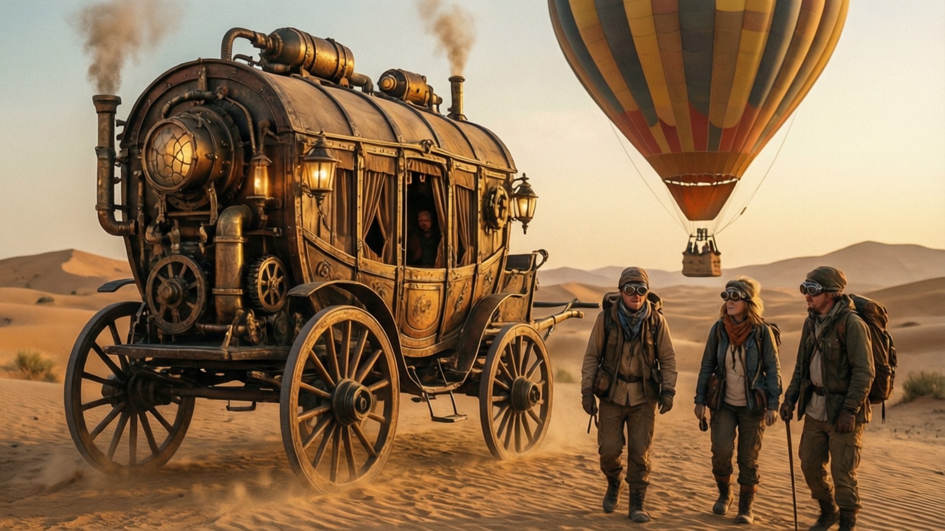 Desert Caravan 壁紙 — 三位戴護目鏡的冒險家走在沙漠中的蒸汽馬車旁，熱氣球在頭頂飄浮。