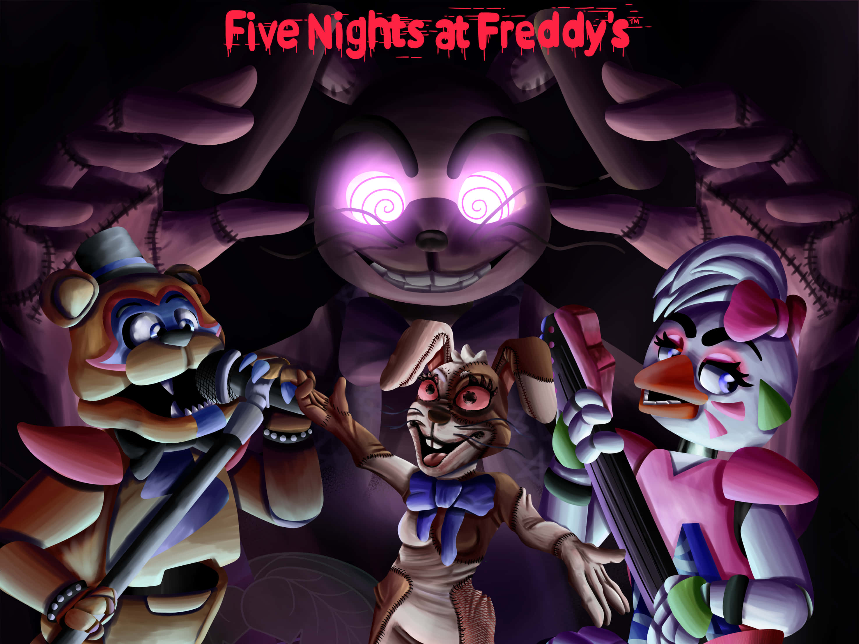 電玩遊戲 桌布 壁紙 — Five Nights at Freddy's 的三個電子動畫角色在詭異的紫色燈光下表演，背後有一個巨大的木偶若隱若現。