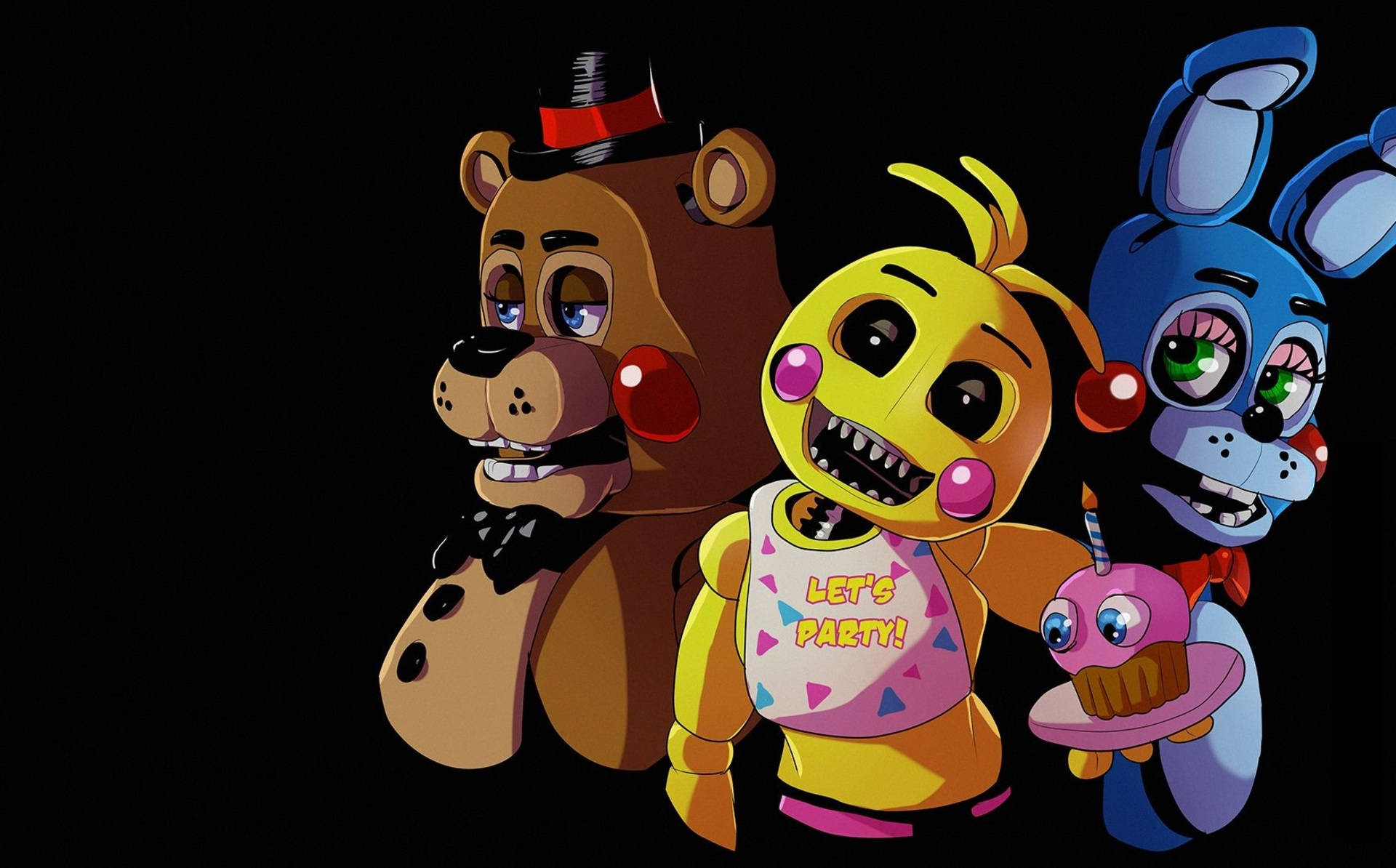 chica 桌布 壁紙 — Five Nights at Freddy's 的三個電子動畫角色站在黑色背景前，帶著詭異的笑容和派對主題服裝。