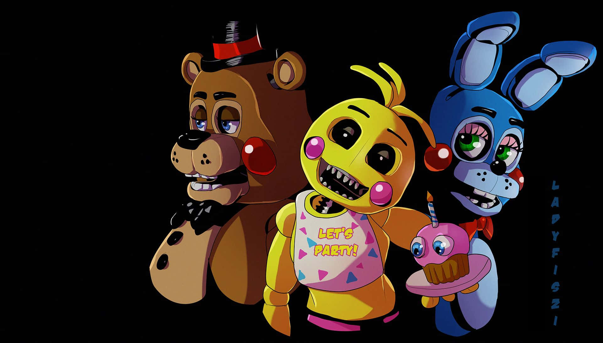 桌布 壁紙 — Five Nights at Freddy's 的三個電子動畫角色站在黑色背景前，帶有杯子蛋糕和派對主題。