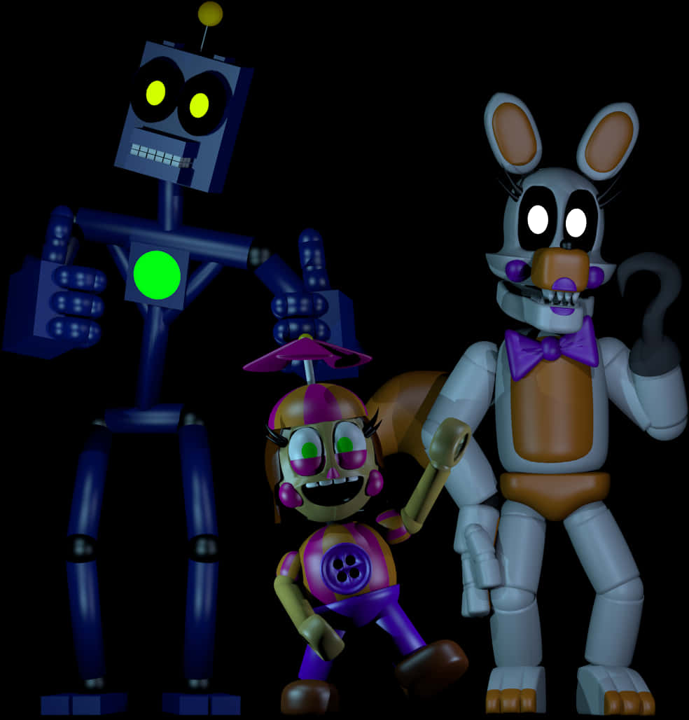 佛萊迪餐館之五夜驚魂 桌布 壁紙 — Five Nights at Freddy's 中的三個電子動畫角色站在黑色背景前，眼睛發光，帶有彩色點綴。