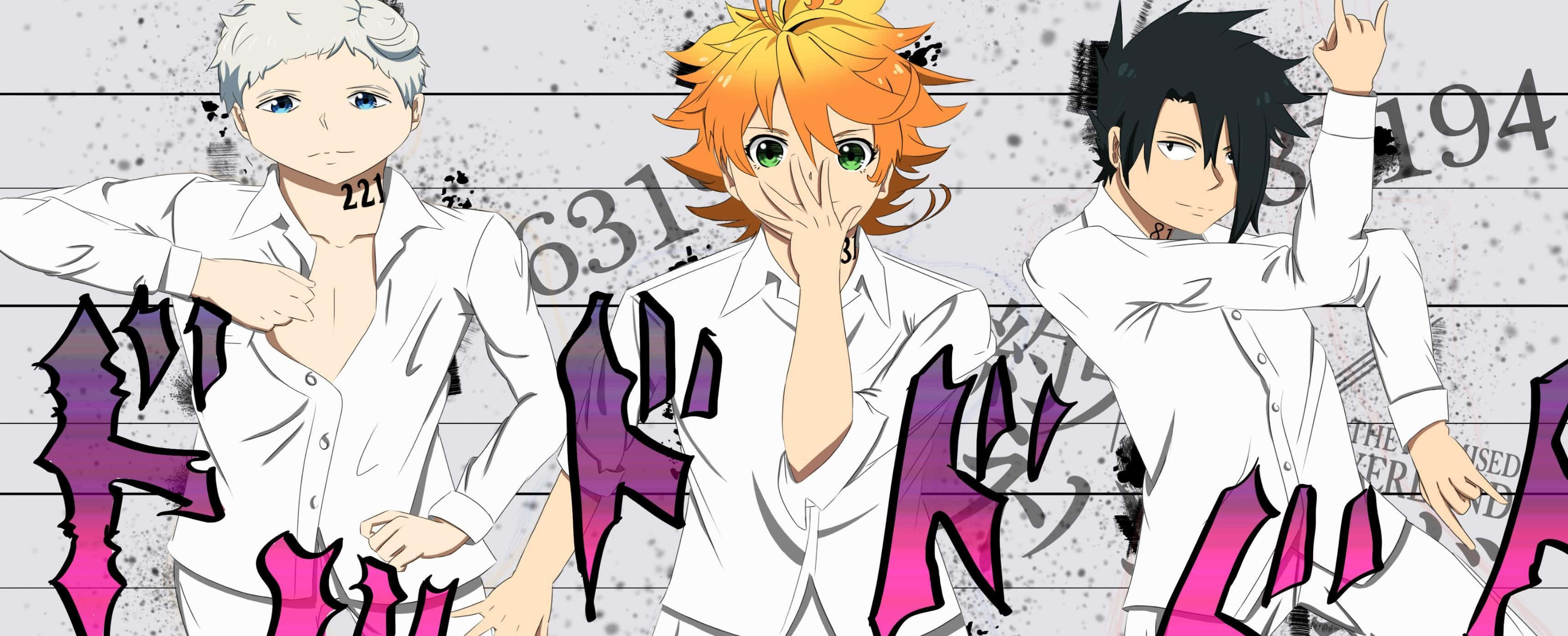 The Promised Neverland Norman 桌布 壁紙 — 三個穿著白襯衫的動漫男孩在一個粗糙的背景前擺姿勢，背景上有大膽的粉紅色和紫色塗鴉。