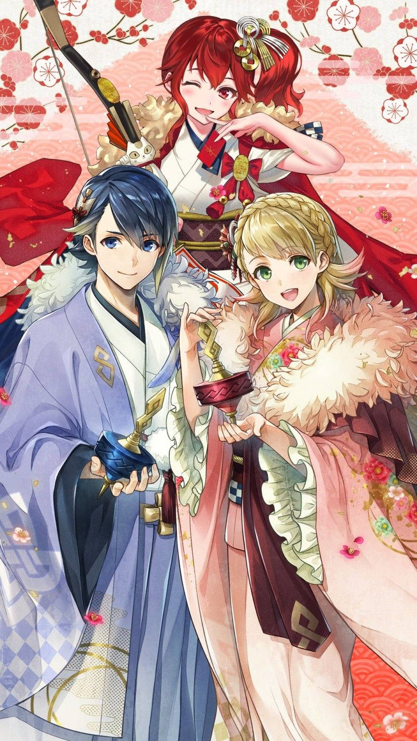三個動漫角色穿著和服，在櫻花下拿著獎盃。 — Fire Emblem Warriors 壁紙