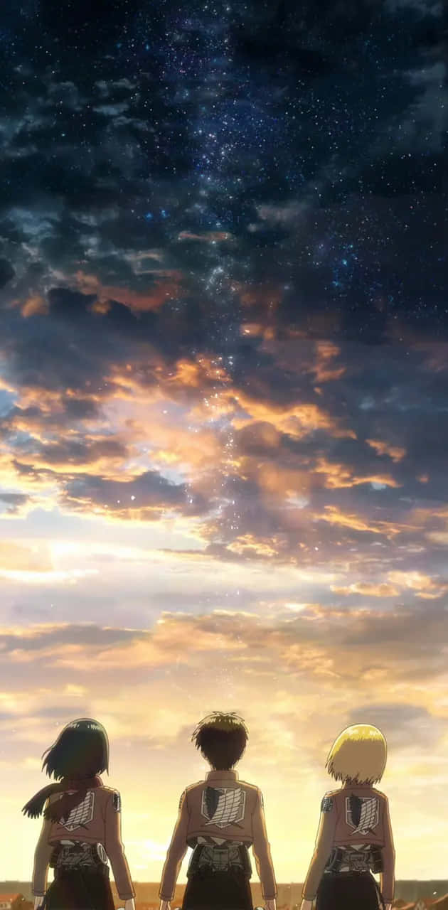  壁紙 — 三個身穿制服的動漫角色背光站在充滿星星和雲朵的鮮豔日落天空前。