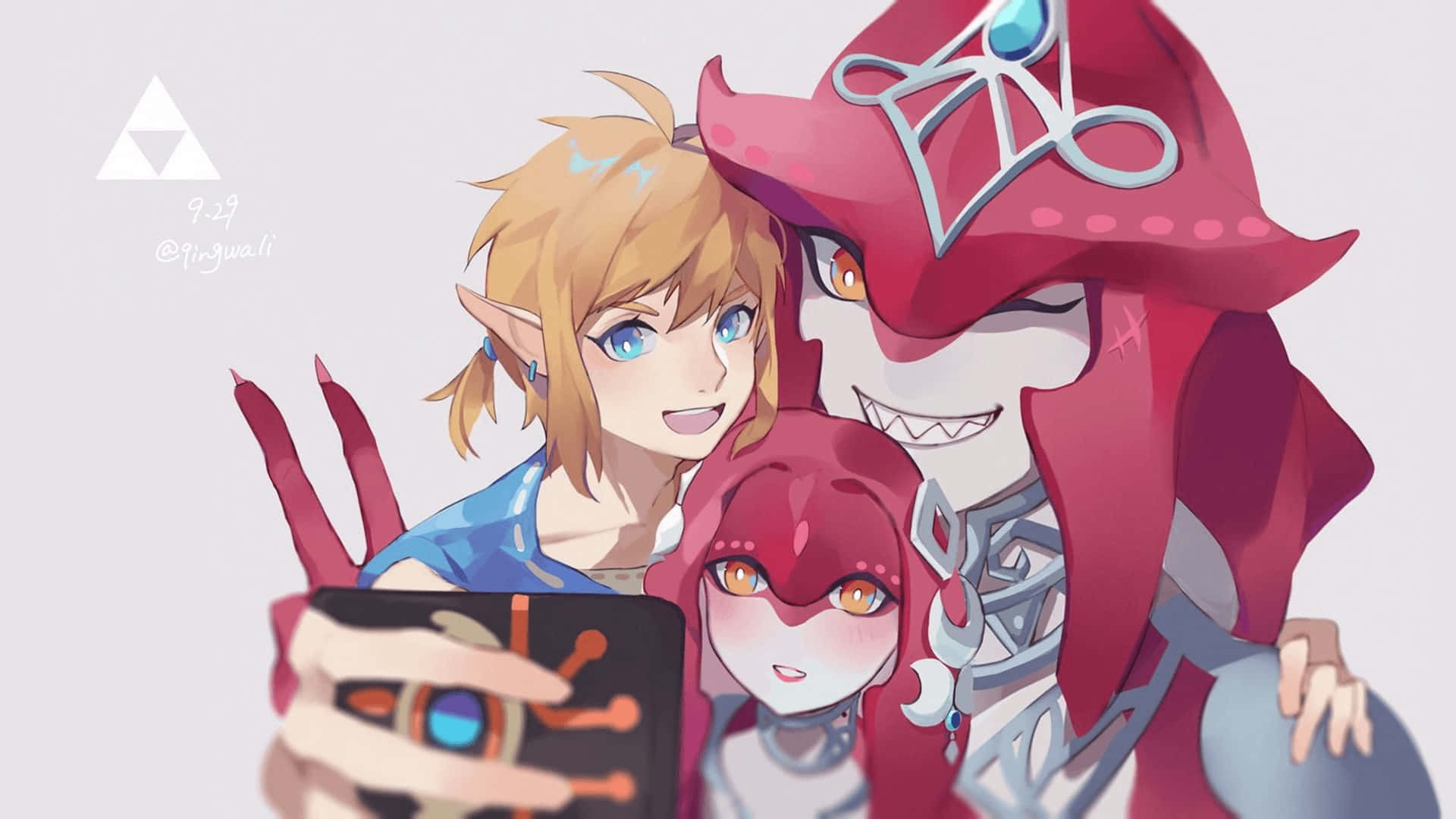 The Legend Of Zelda Mipha 桌布 壁紙 — 三個動漫角色在純淺灰色背景前一起用智慧型手機自拍。