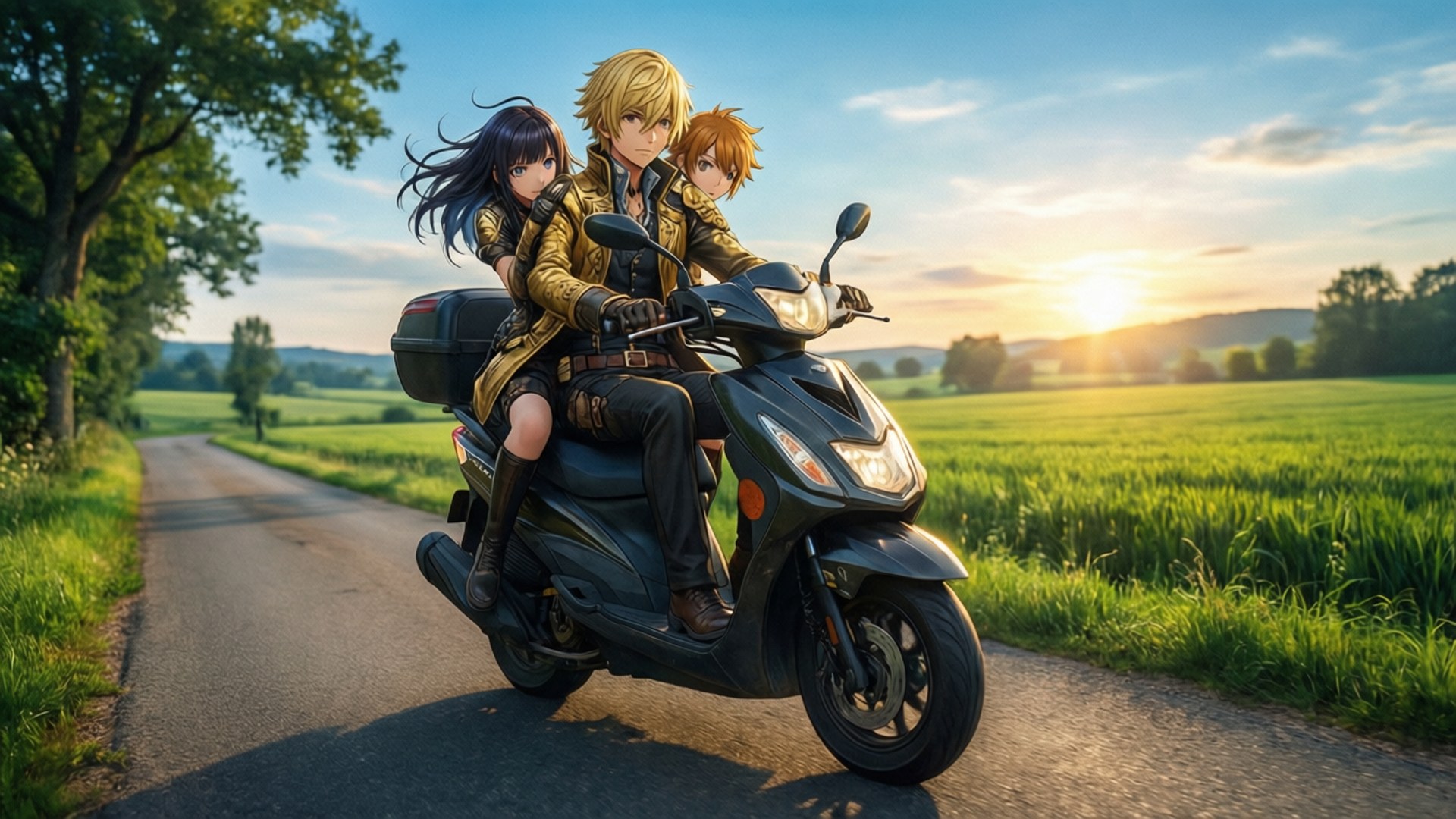 Scooter Adventure 壁紙 — 三個動漫角色在日落時分騎著黑色滑板車行駛在鄉間小路上，背景是金色的田野和樹木。