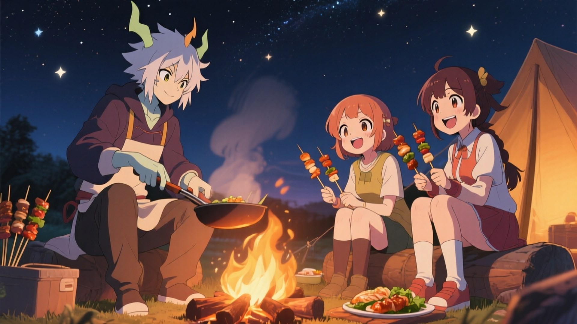 Campfire Cooking 壁紙 — 三個動漫角色在星空下發光的帳篷旁邊的營火上烤串。