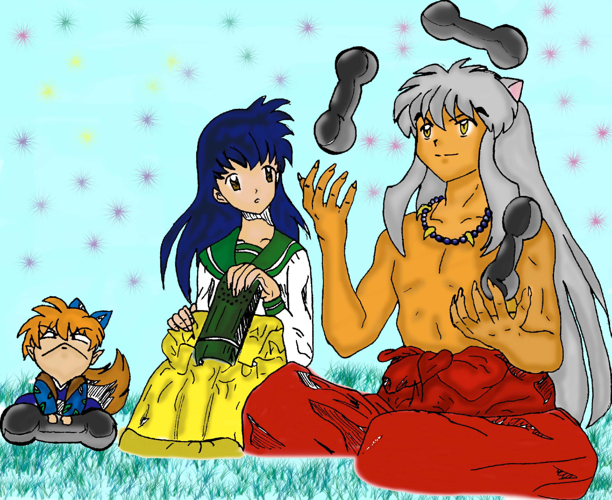 Inuyasha And Shippo 桌布 壁紙 — 三個動漫角色坐在草地上，星空下，其中一個角色上方漂浮著狗骨頭。