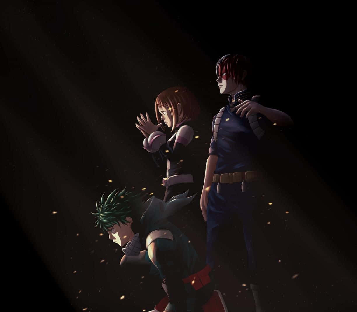 Dark Deku 桌布 壁紙 — 三個動漫角色站在黑暗虛空中，發光粒子在戲劇性燈光下圍繞他們旋轉。