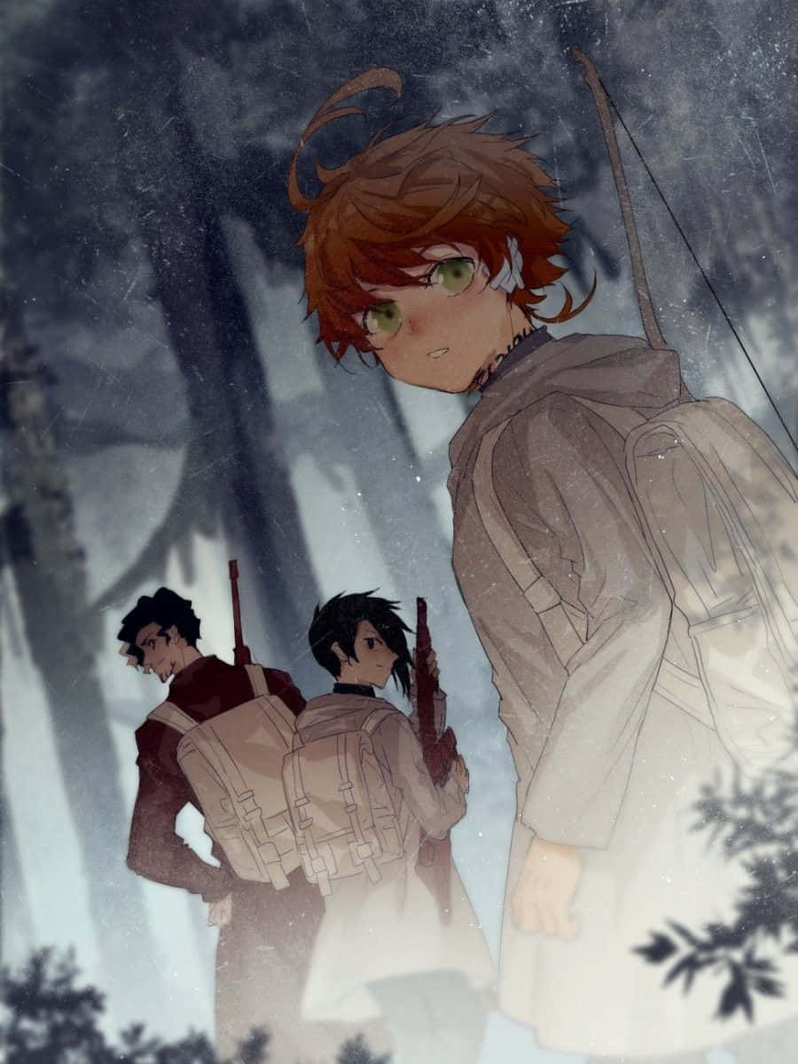 The Promised Neverland Emma 桌布 壁紙 — 三個動漫角色在黑暗的天空下，背著步槍和背包穿越雪地森林。