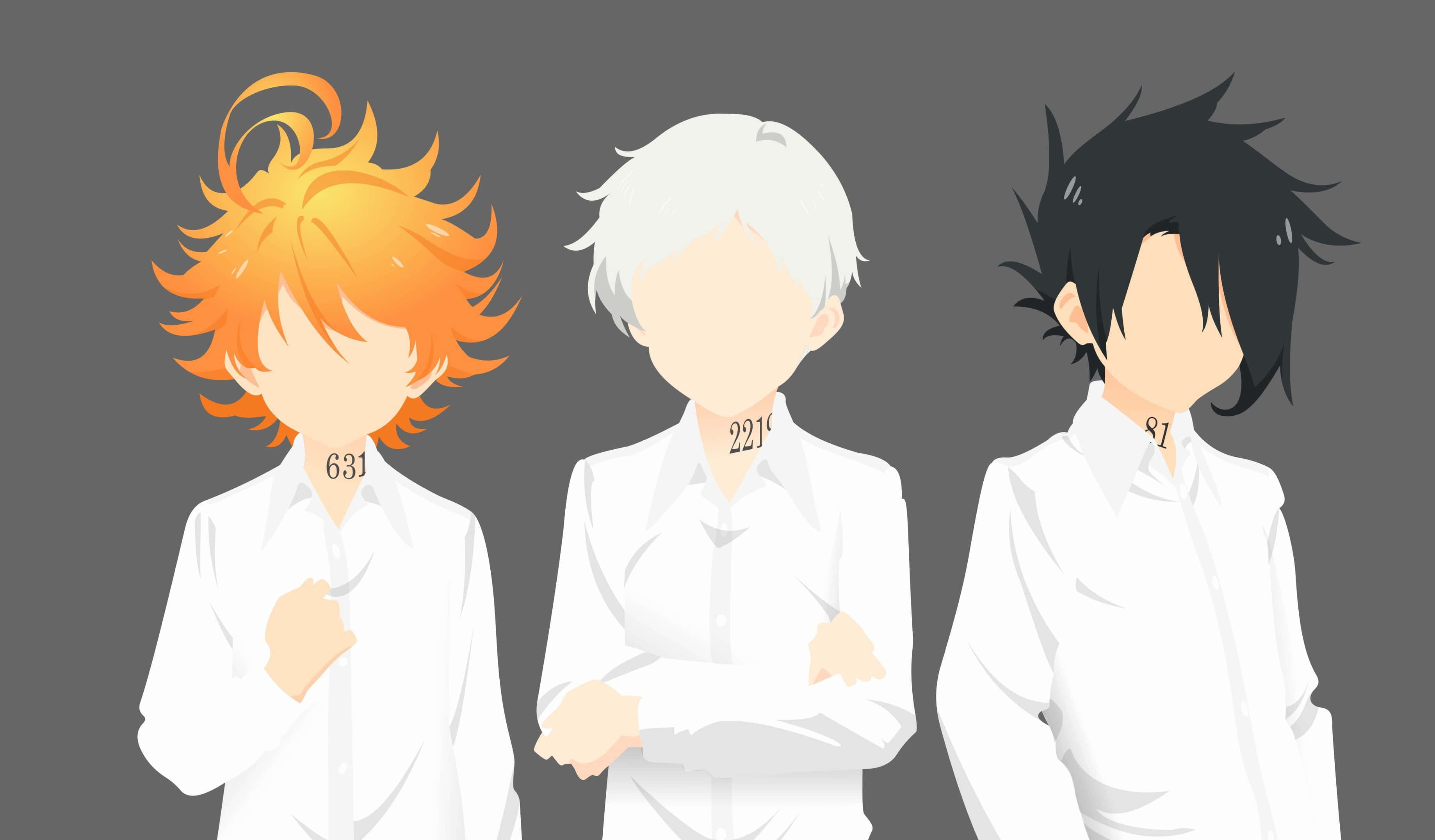 The Promised Neverland Emma 桌布 壁紙 — 三個動漫角色，各有不同的髮色和頸部數字，站在灰色背景前。