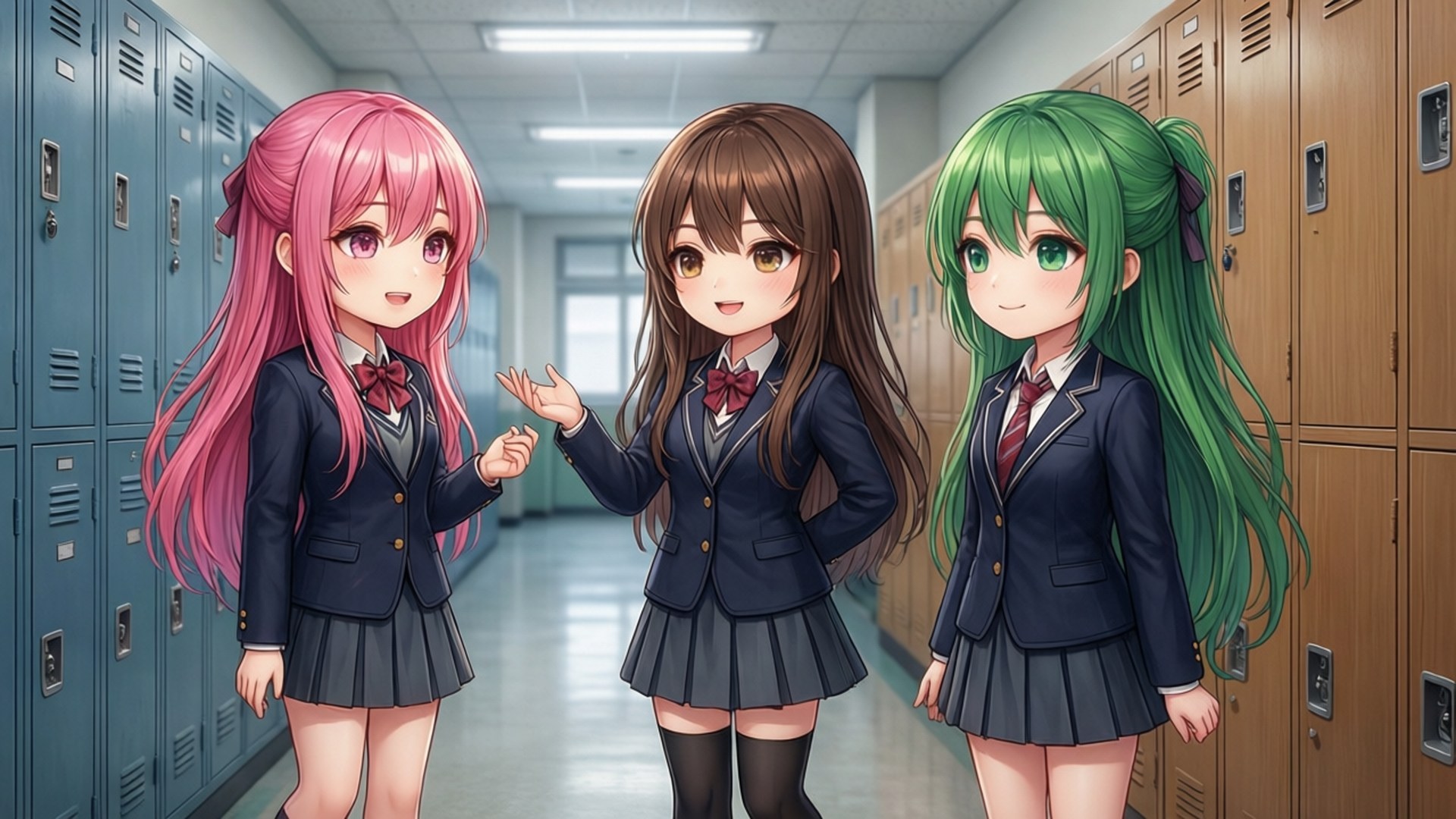 School Friends Chat 壁紙 — 三個動漫女學生穿著校服站在有置物櫃的走廊裡，微笑並做出俏皮的動作。