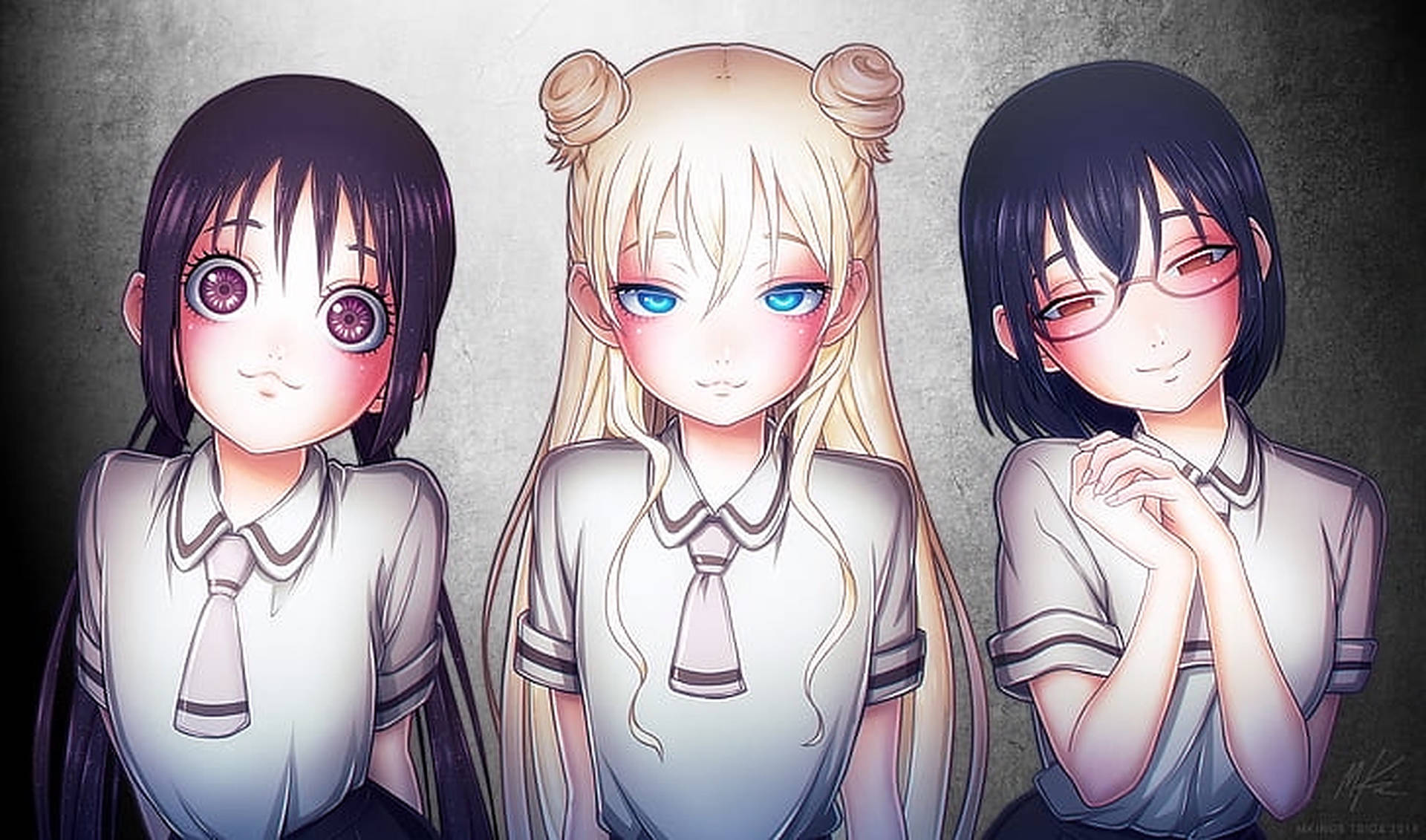 三個穿著制服、眼睛顏色和表情各異的動漫女學生。 — Asus 壁紙
