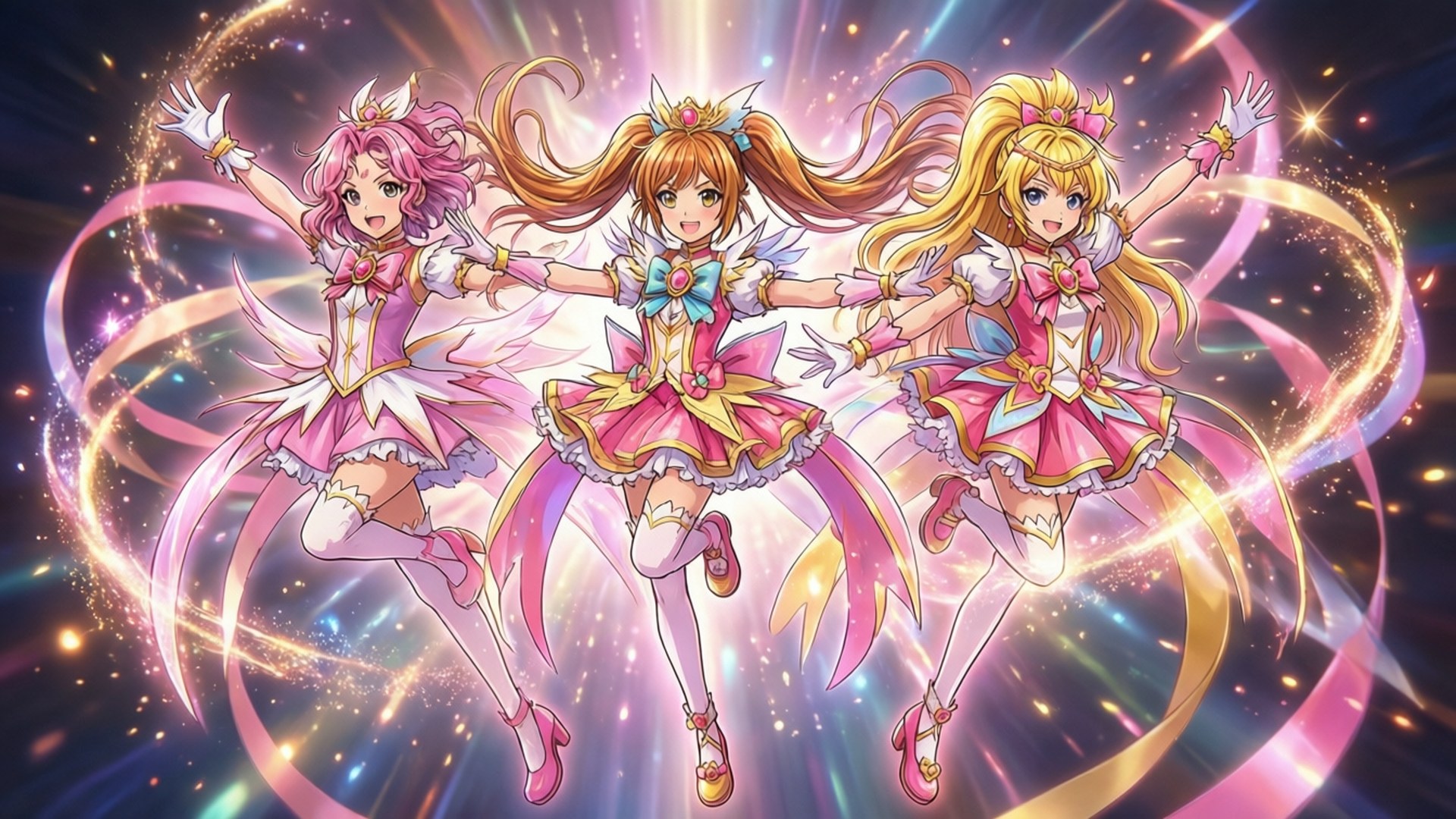 Pretty Cure 桌布 壁紙 — 三個動漫女孩穿著閃閃發光的粉紅色服裝，在宇宙星爆背景和旋轉絲帶中歡快地跳躍。