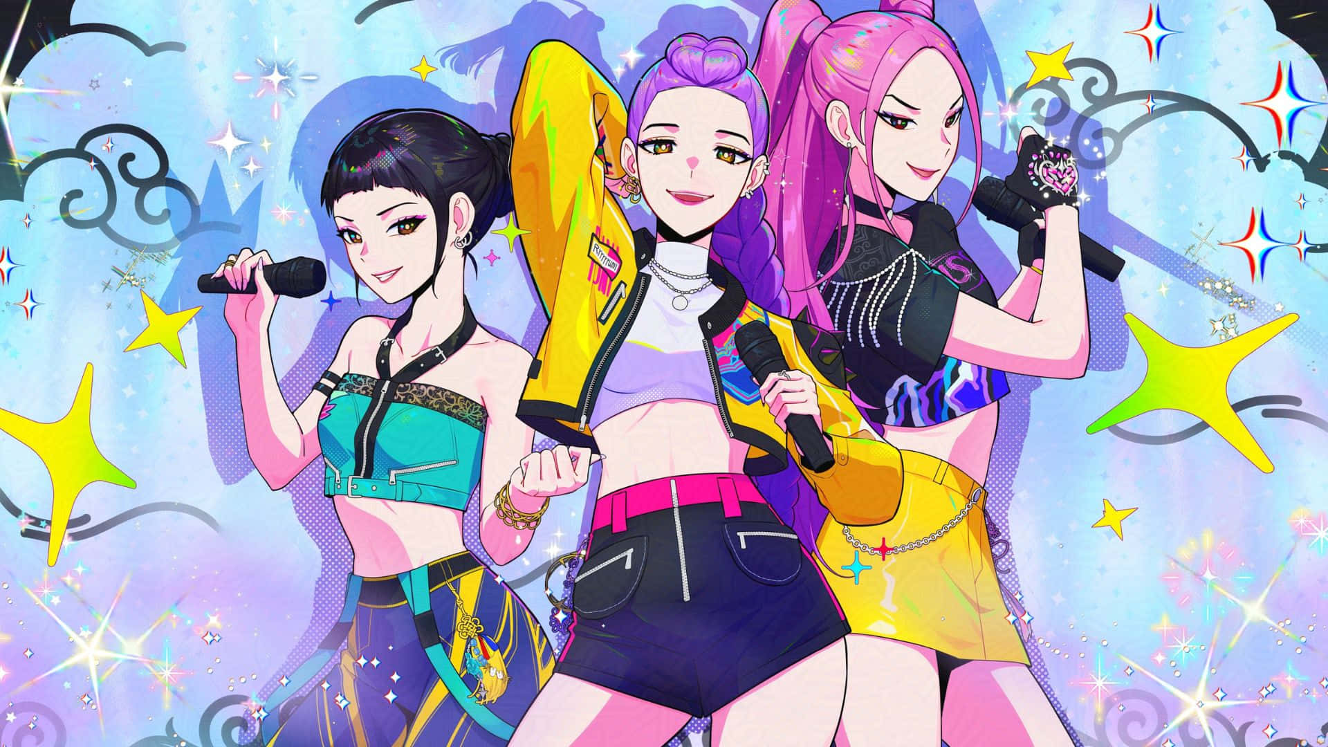 三位動漫少女在星光閃爍的舞台上唱歌，背景有星星和雲朵。 — K Pop 壁紙