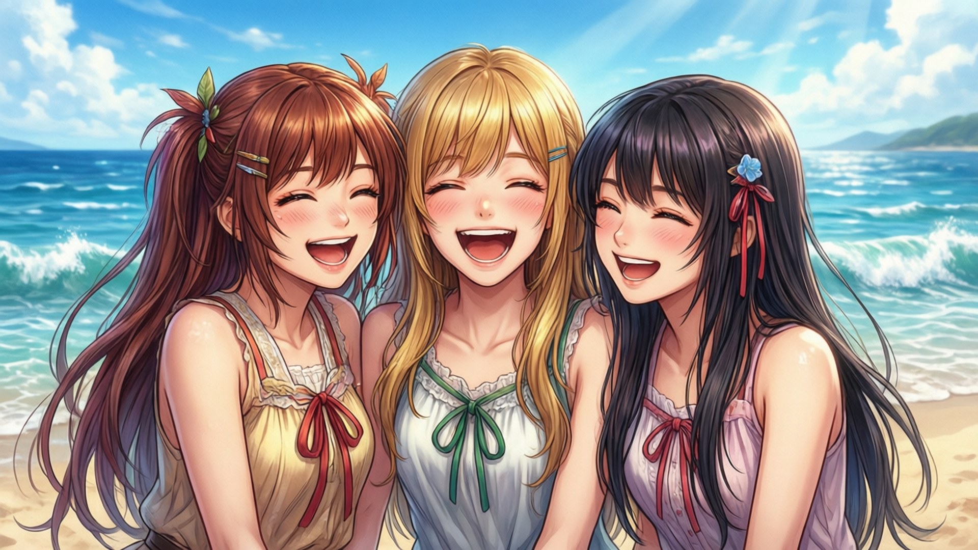 Joyful Beach Day 壁紙 — 三個動漫女孩帶著愉快表情在陽光明媚的海灘上一起大笑，身後有海浪。