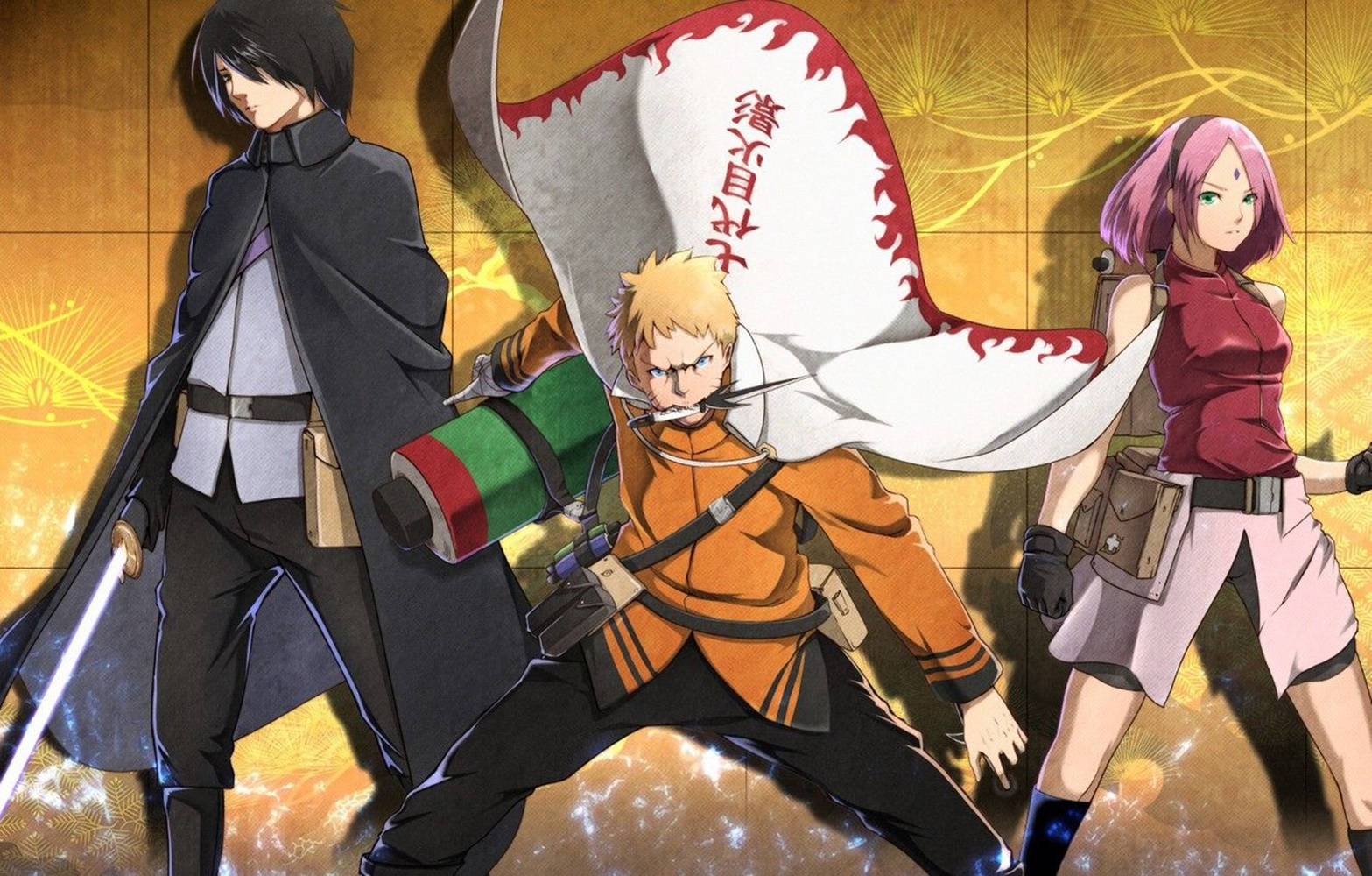 三位動漫角色擺出戰鬥姿勢，手持發光武器，披風飄逸。 — Sasuke 壁紙