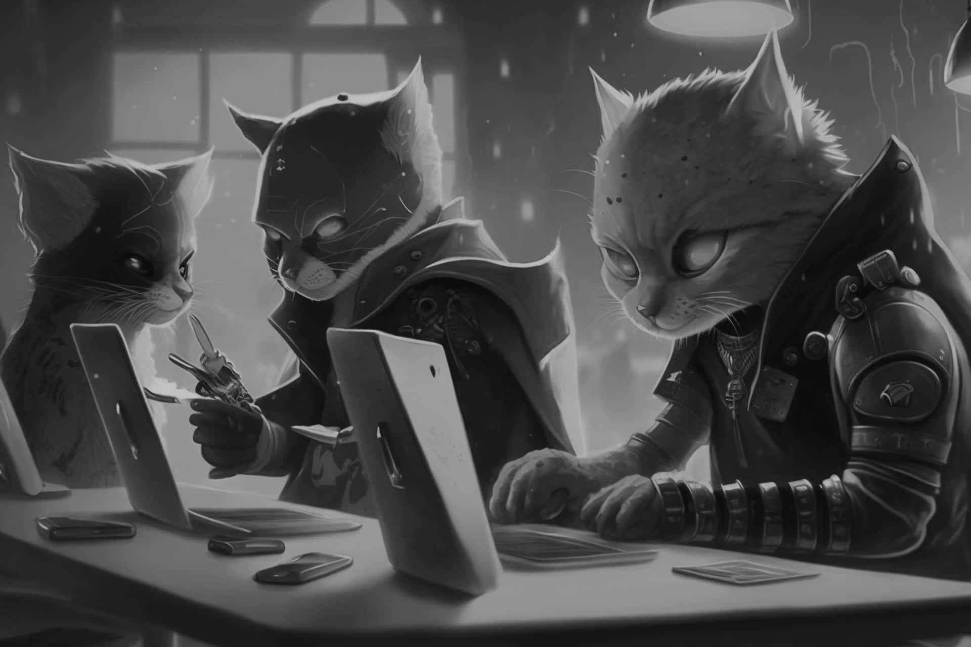  壁紙 — 三隻擬人化的貓穿著黑色裝備，在光線昏暗、下雨的辦公室裡彎腰對著發光的螢幕筆記型電腦。