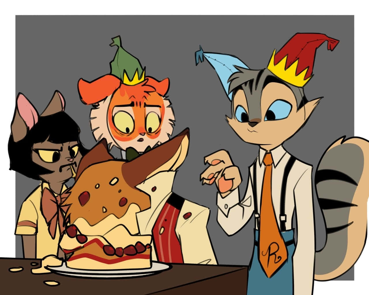  壁紙 — 三隻擬人化的貓戴著派對帽，圍著一個亂七八糟的蛋糕，表情震驚和惱怒。
