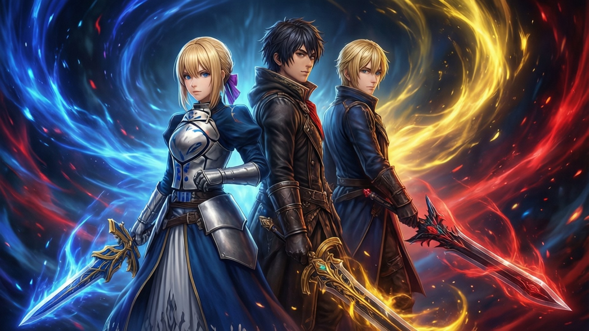 Three Houses United 壁紙 — 三名身穿盔甲的奇幻戰士手持發光劍，對抗旋轉的藍色和金色宇宙能量。