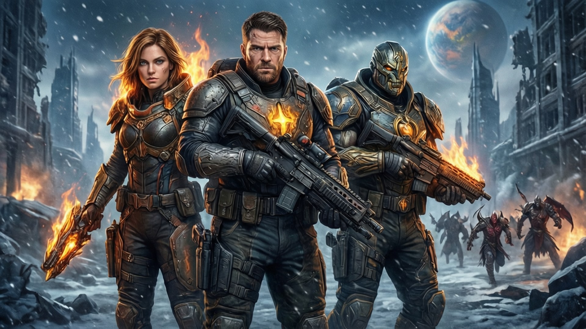 Fireteam Europa 壁紙 — 三名身穿盔甲的戰士在暴風雪中屹立不搖，周圍是燃燒的廢墟，天空中有一顆發光的行星。