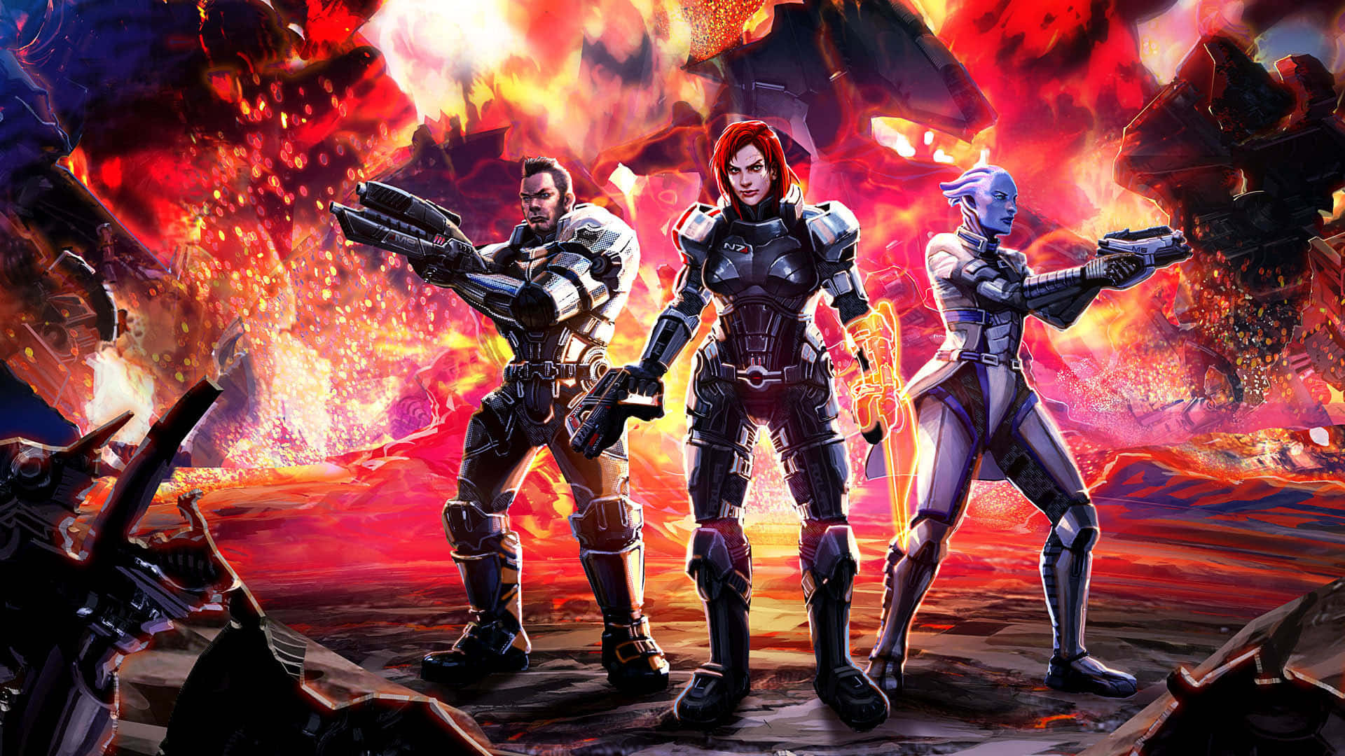 Mass Effect Multiplayer 桌布 壁紙 — 三名身穿盔甲的戰士在熔岩和漂浮碎片四處的熾熱火山景觀中，挑釁地站立著。