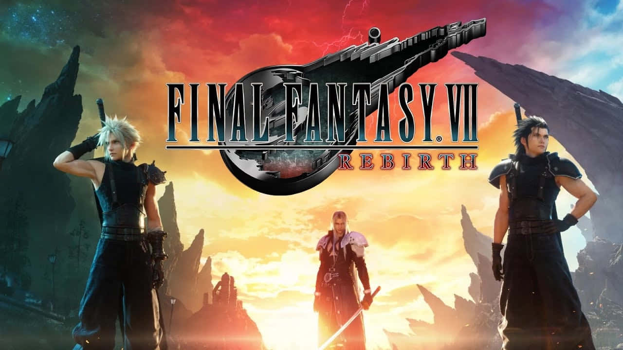 三名《Final Fantasy VII》角色在日落背景下，與一艘巨大的武裝飛船一同英勇地擺出姿勢。 — 最終幻想7 重製版 壁紙