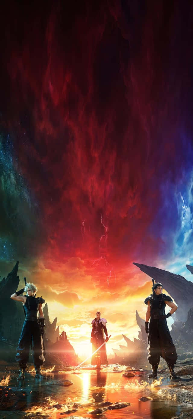 三名身穿鎧甲的奇幻戰士站在熾熱的日落景觀中，天空戲劇性十足。 — 最終幻想7 重製版 壁紙