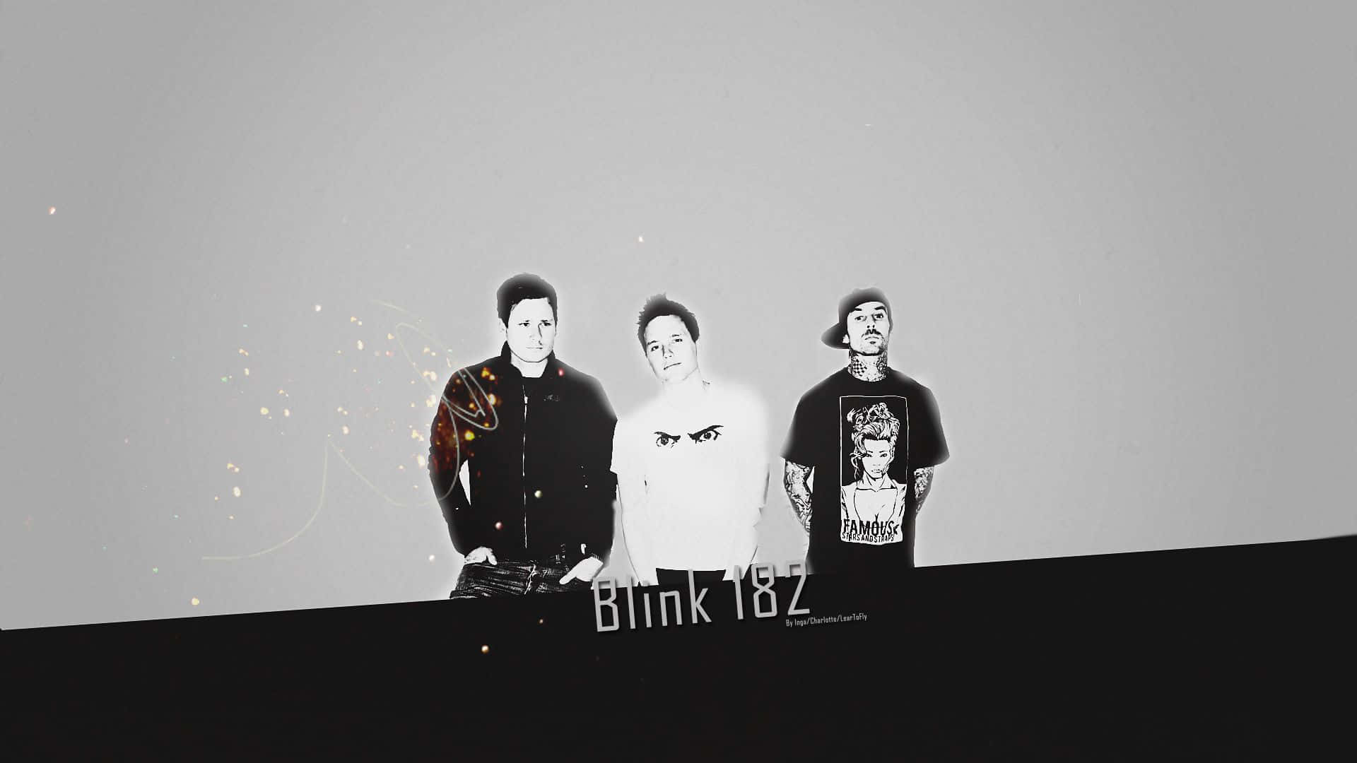  壁紙 — Blink 182 的三位樂團成員站在極簡灰色背景前，帶有微妙的閃光，樂團名稱在下方。