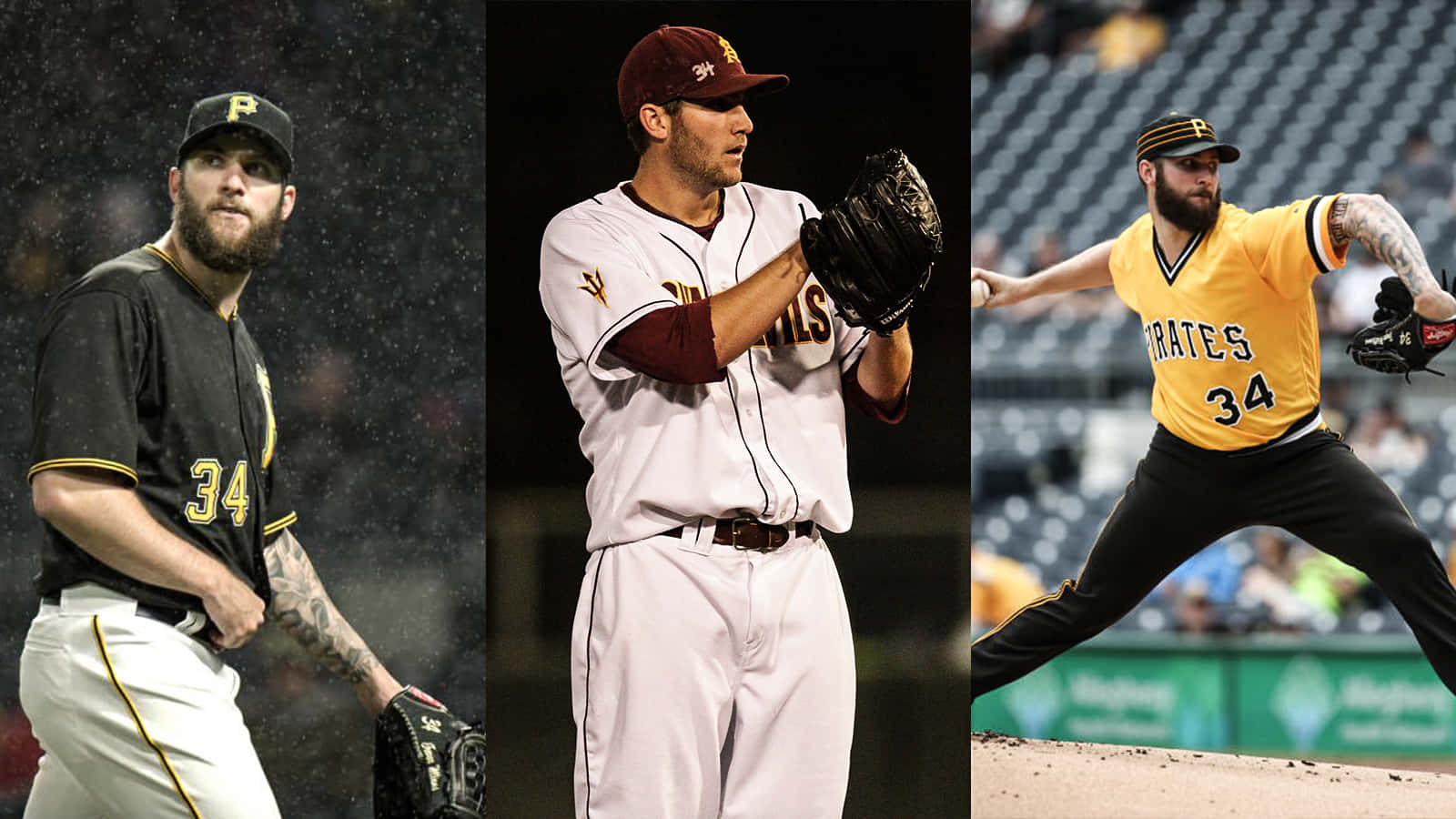 三名棒球投手在雨夜球場上穿著匹茲堡海盜隊球衣行動。 — MLB 壁紙