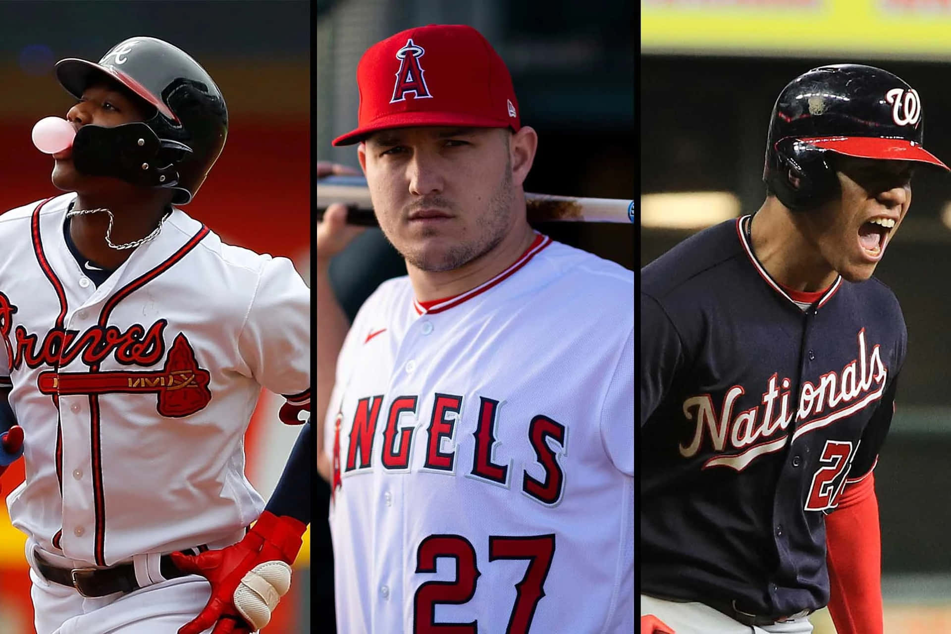 三名身穿球隊制服的棒球運動員在行動中。 — MLB 壁紙