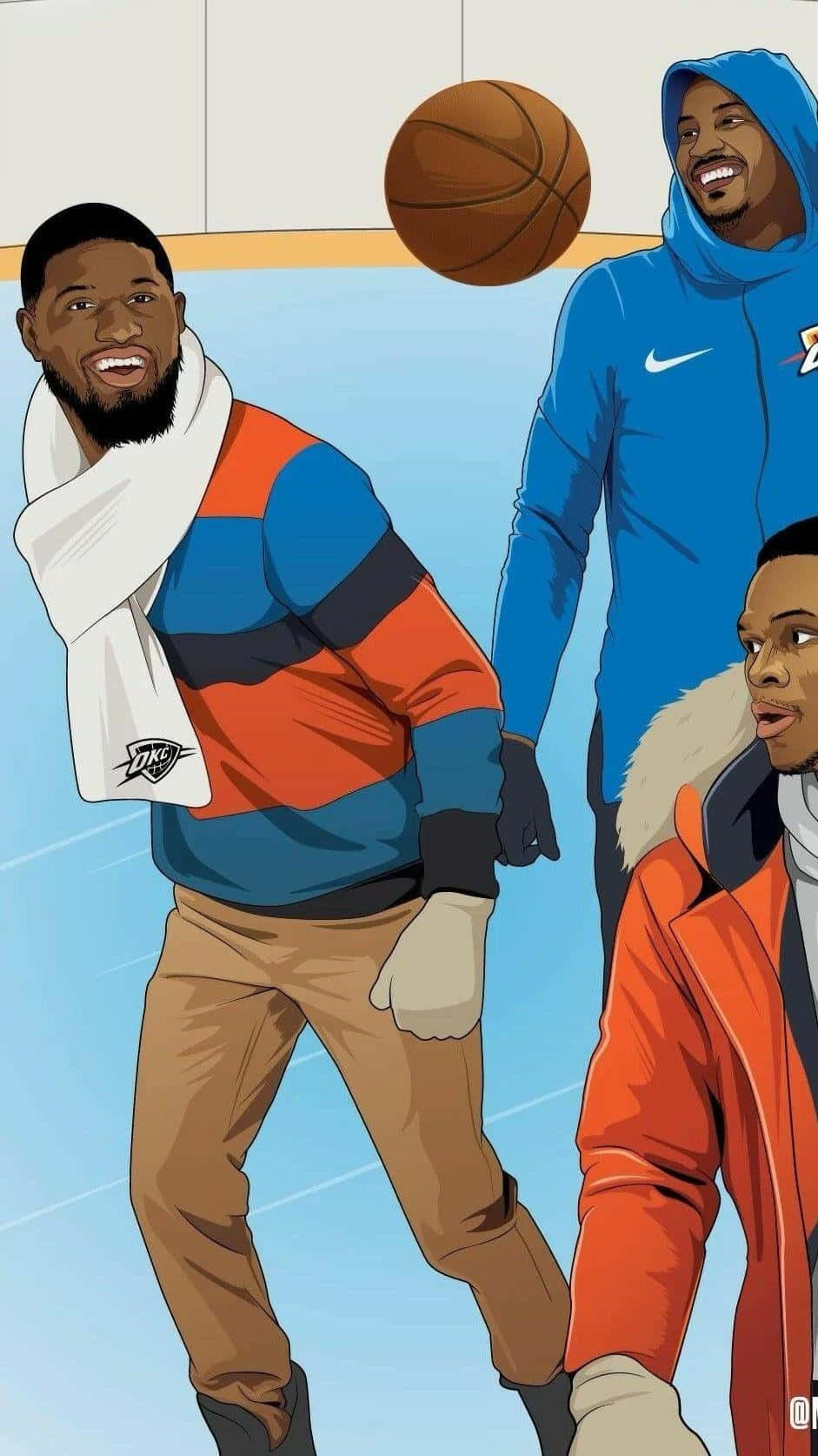 三位身穿冬季裝備的微笑籃球運動員在球場上拿著籃球擺姿勢。 — NBA聖誕節 壁紙
