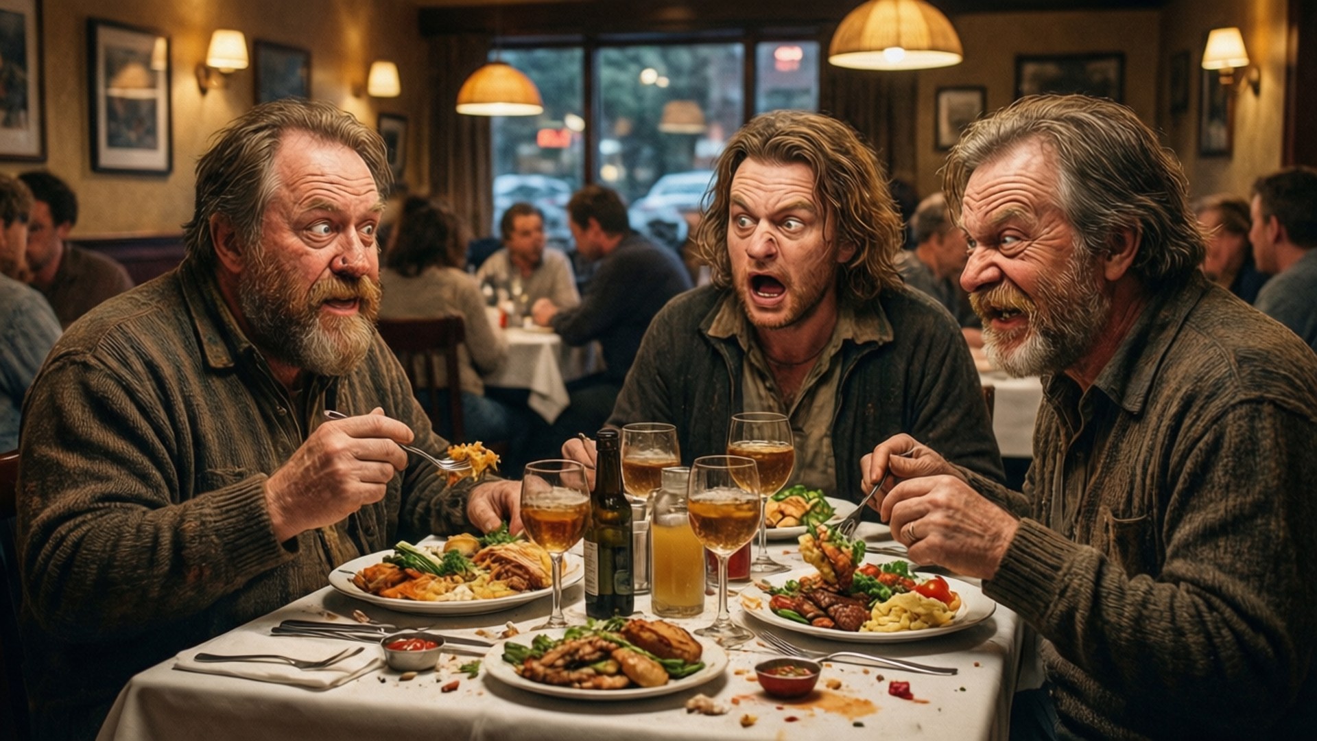 Restaurant Chaos 壁紙 — 三位鬍鬚男在燈光溫暖的餐廳裡共享一頓混亂的餐點，有食物和飲料的盤子，同時以誇張的表情反應。