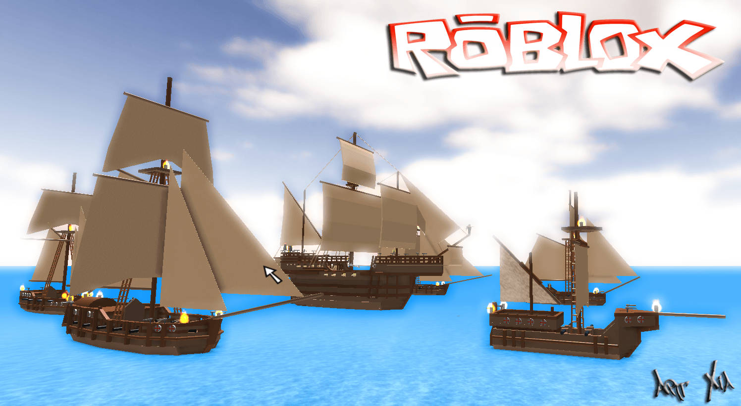 三艘 Roblox 風格的海盜船在多雲的天空下航行於藍色水面。 — Roblox 壁紙