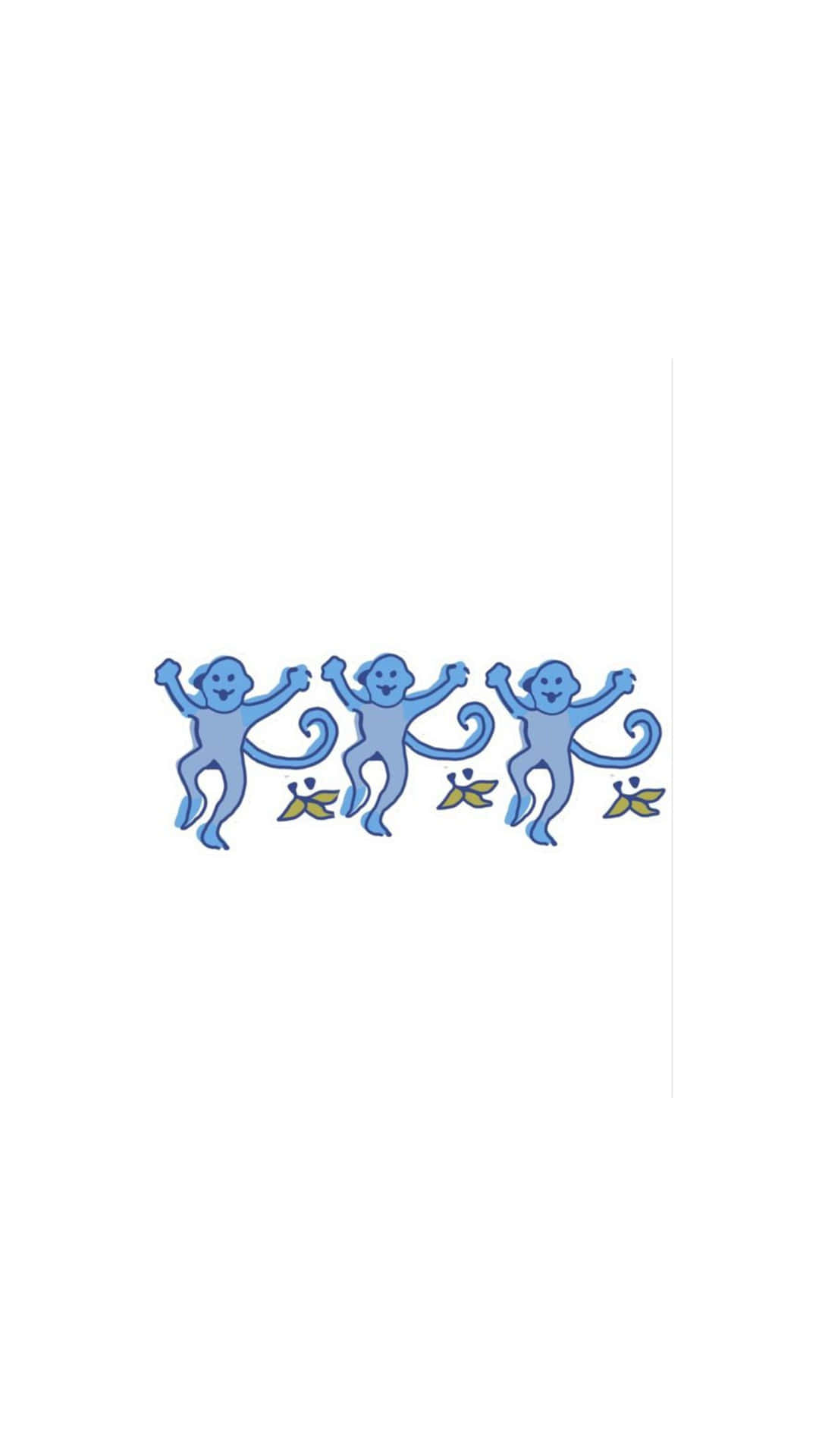  壁紙 — 三隻藍色卡通猴子，有彎曲的尾巴和黃色香蕉，排成一排站在純白色背景前。