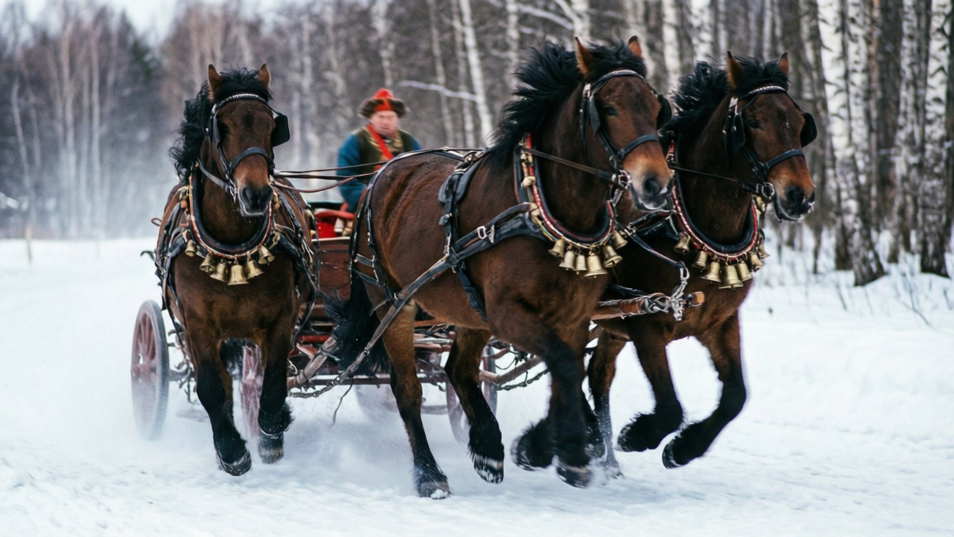 Troika Winter Race 壁紙 — 三匹棕色馬匹配戴華麗馬具，在深雪中奔馳，拉著一架雪橇，車夫在冬季樹林中。
