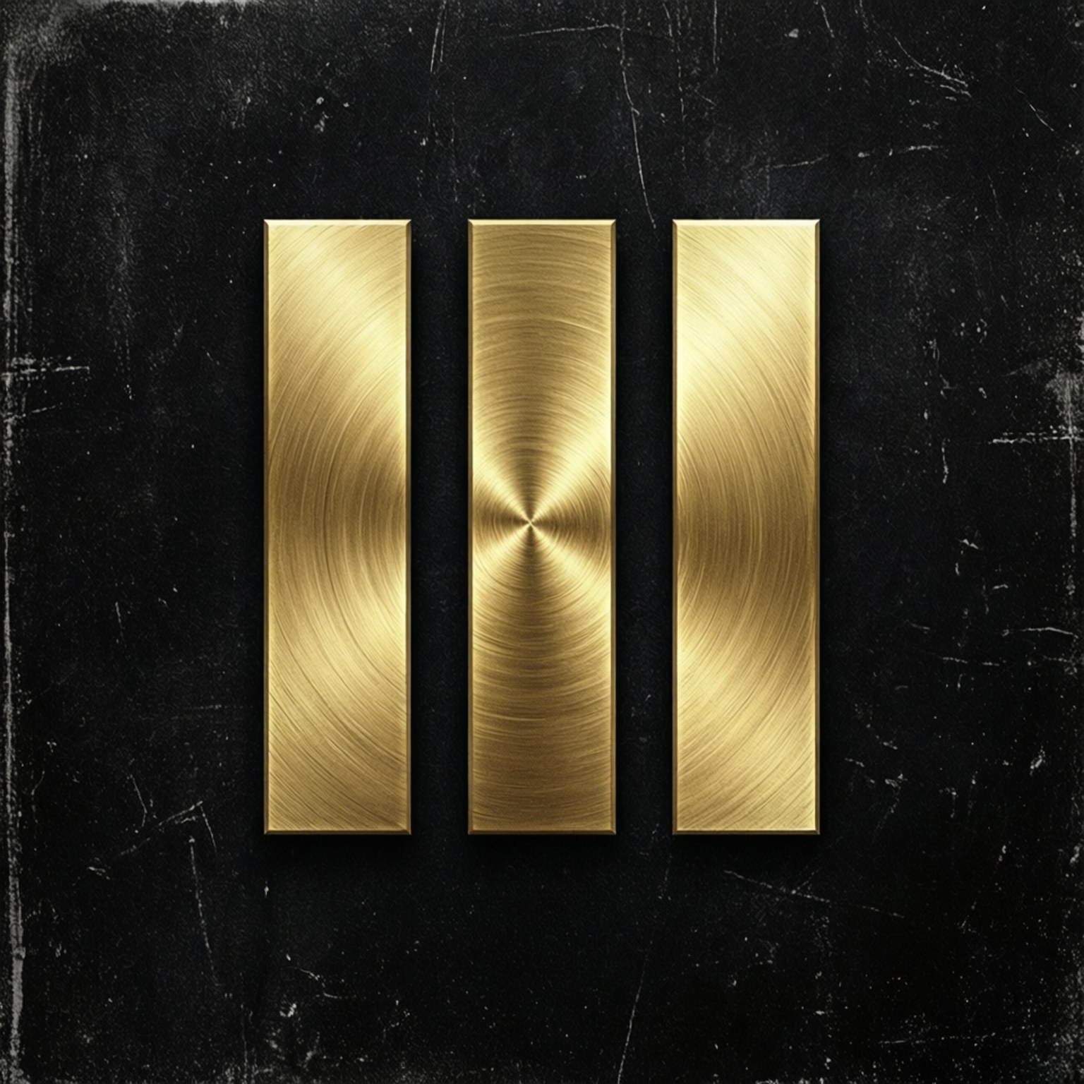 Paramore 桌布 壁紙 — 三條帶有放射狀圖案的拉絲金色垂直條紋，立於紋理黑色背景上。