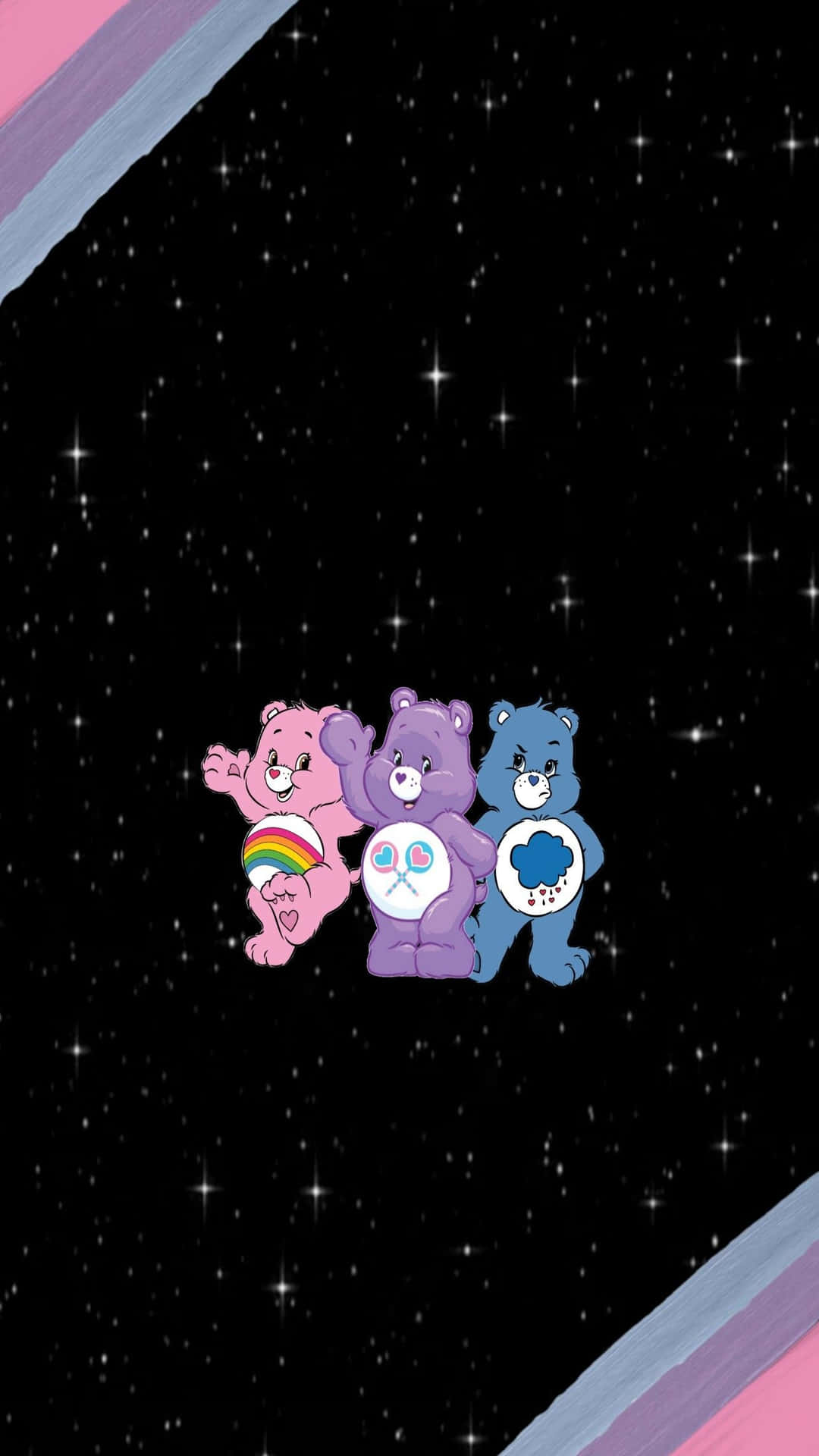  壁紙 — 三隻 Care Bears 漂浮在一個由粉紅色和紫色宇宙射線框住的星空宇宙虛空中。