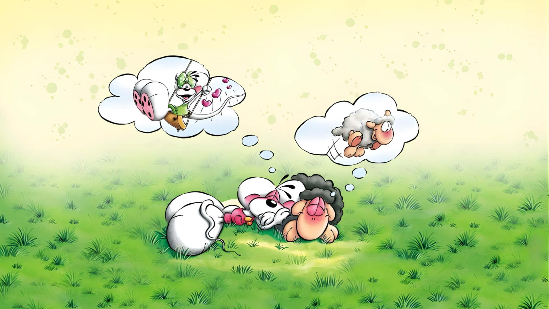  壁紙 — 三隻卡通動物在草地上小睡，並有顯示奇思妙想夢境的對話氣泡。