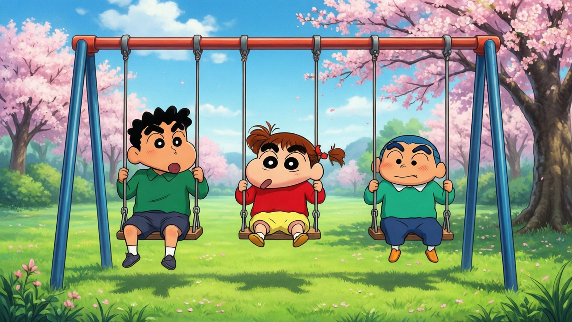 Shin Chan and Friends Play 壁紙 — 三個卡通小孩在陽光明媚的公園裡，在粉紅色的櫻花下快樂地盪鞦韆。