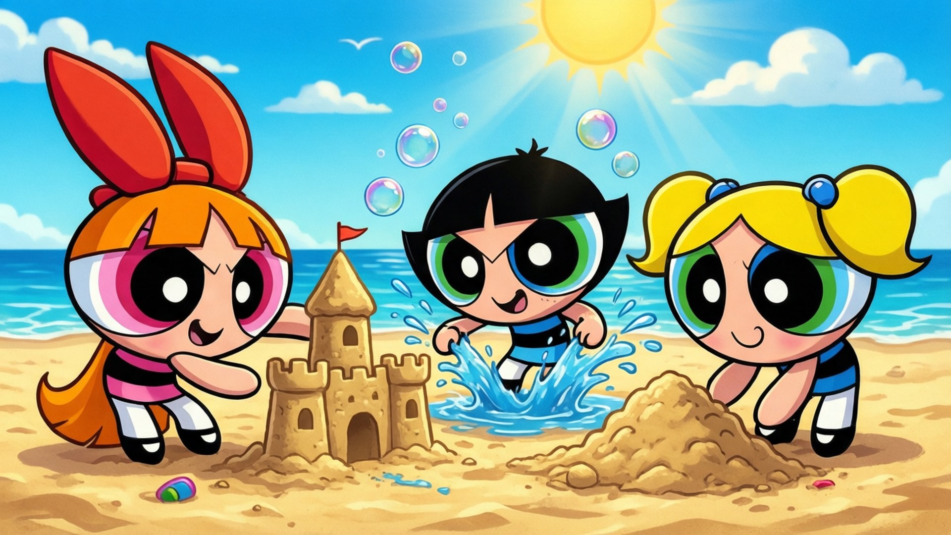 Powerpuff Beach Day 壁紙 — 三個卡通女孩在陽光明媚的海灘上建造沙堡，空氣中漂浮著泡泡。