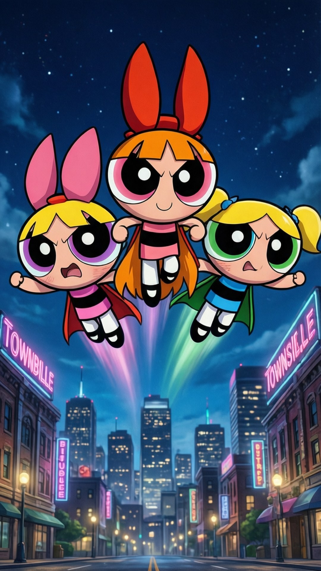 Powerpuff Girls Night Patrol 壁紙 — 三個戴著兔耳朵的卡通女孩在夜間飛越霓虹燈照亮的城市景觀，身後留下彩色痕跡。