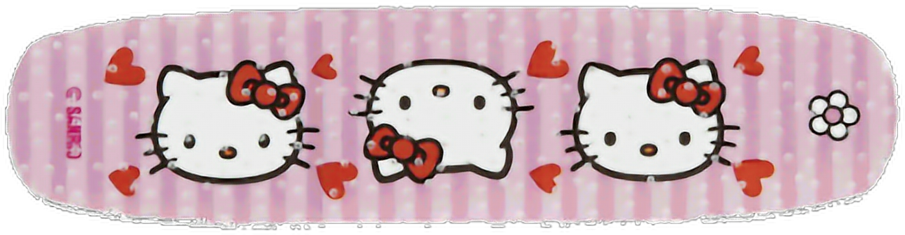 Hello Kitty卡通角色戴著紅色蝴蝶結，背景為粉紅色條紋和心形 — Hello Kitty 壁紙