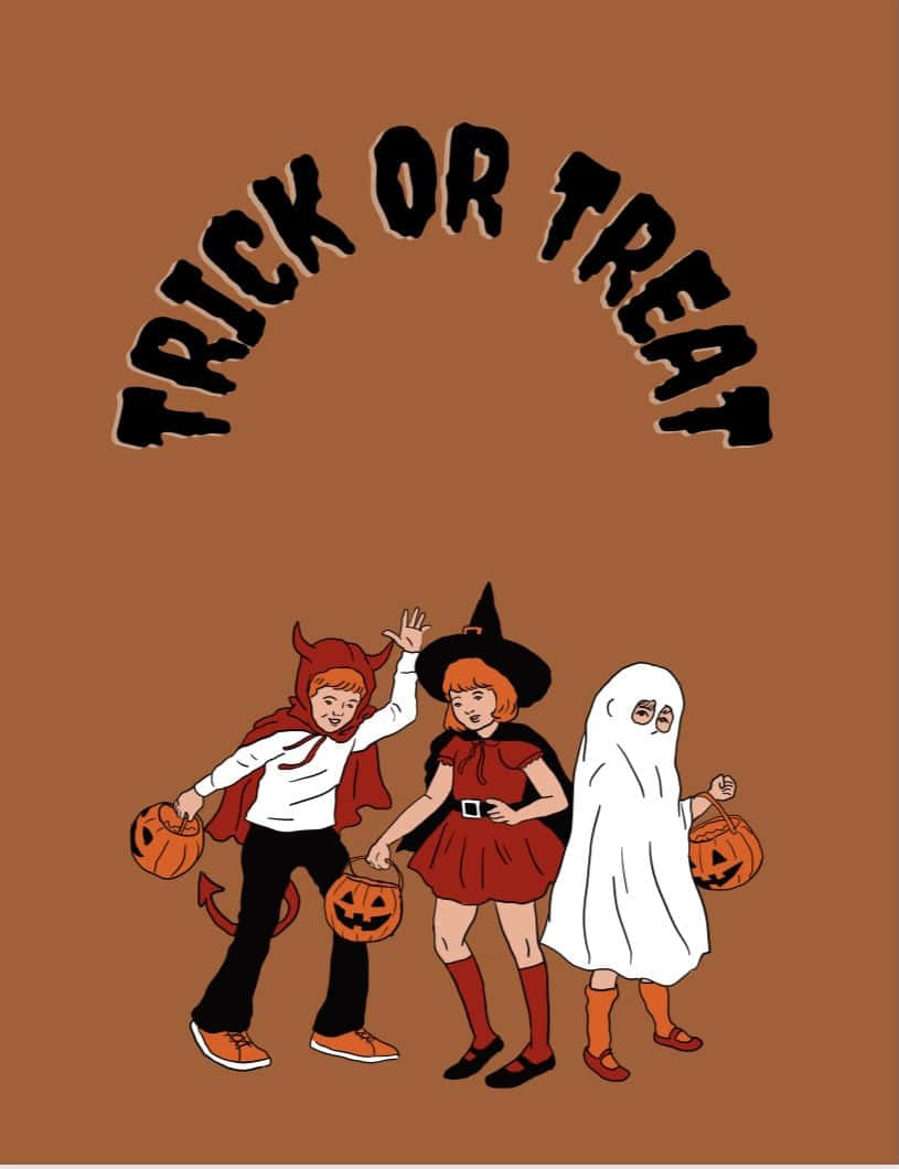  壁紙 — 三個卡通小孩穿著魔鬼、女巫和鬼魂服裝，在「Trick or Treat」文字下揮舞著南瓜燈籠桶。