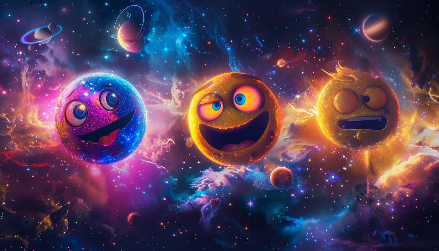  壁紙 — 三顆表情豐富的卡通行星在色彩繽紛的星雲和遙遠的星星之間快樂地漂浮，構成一個充滿活力的宇宙場景。